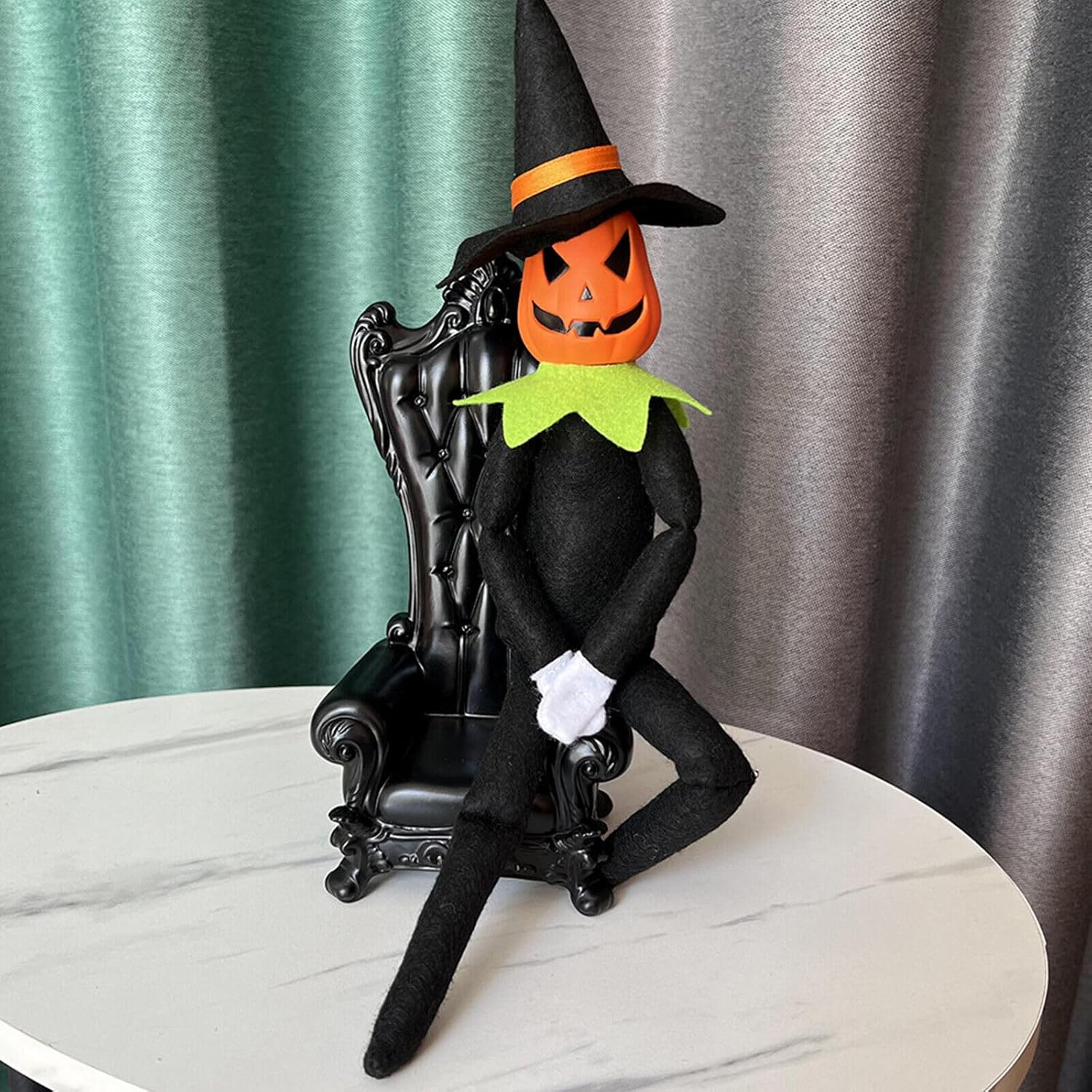 14Inch Halloween Pumpkin Elf Plush Stuffed Doll,Handmade Pumpkin Elf Toy with Black Hat,White Gloves,Dresses,and Cape for Halloween and Autumn Harvest Holiday Tabletop Home Decorations (Green) - Image 5