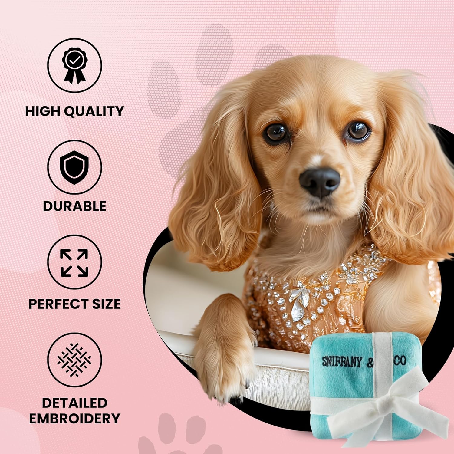 Dog Diggin Designs Sniffany & Co Large Plush Dog Toy Box | Luxury-Inspired Parody Designer Gift Box with Built-in Squeaker, Soft Plush Interactive Dog Toy – Thinking Outside The Box! - Image 4