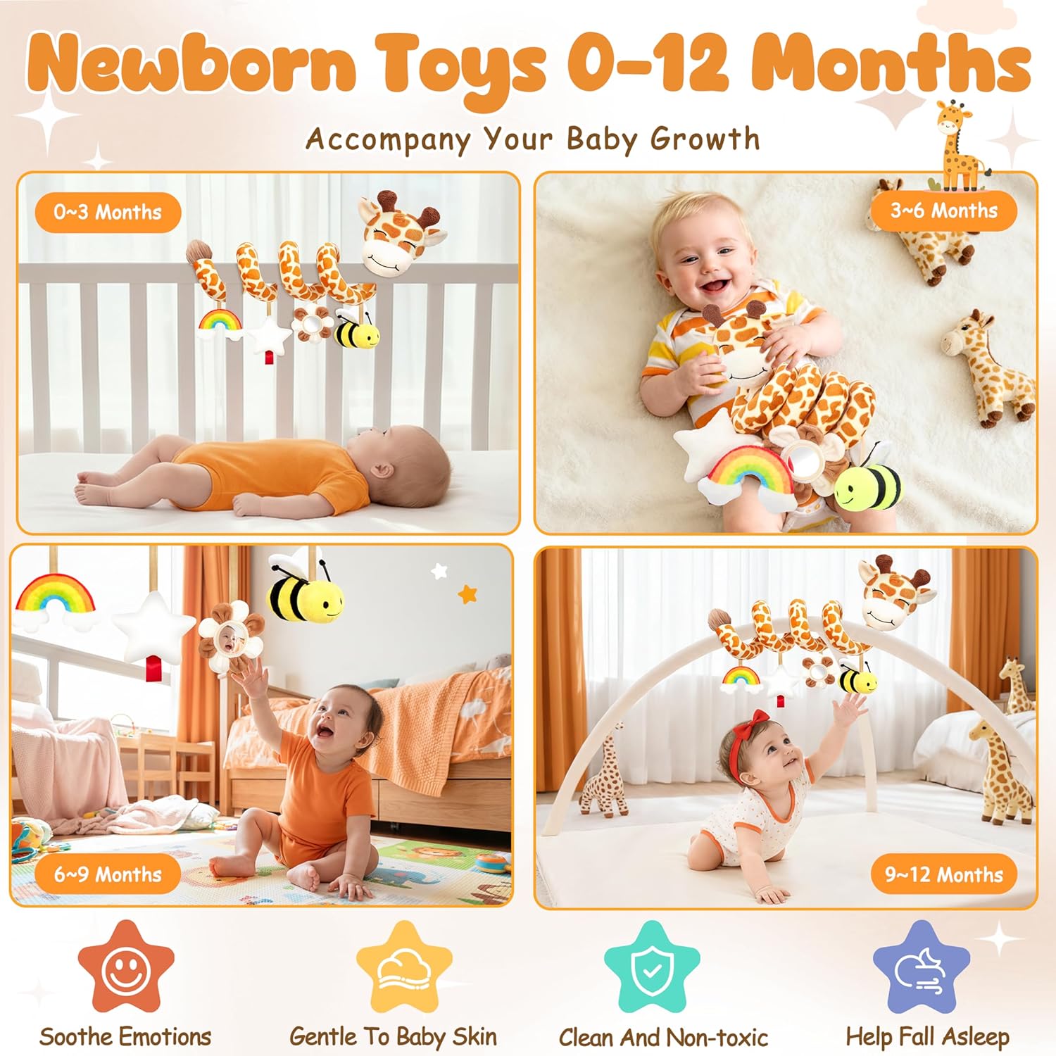 Stuffed Spiral Car Seat Baby Toys 6-12 Months, Infant Giraffe Sensory Toys Hanging Stroller Accessories, Newborn Shower Gifts for Baby Boys Girls Essentials | Cute Colorful Giraffe - Image 4