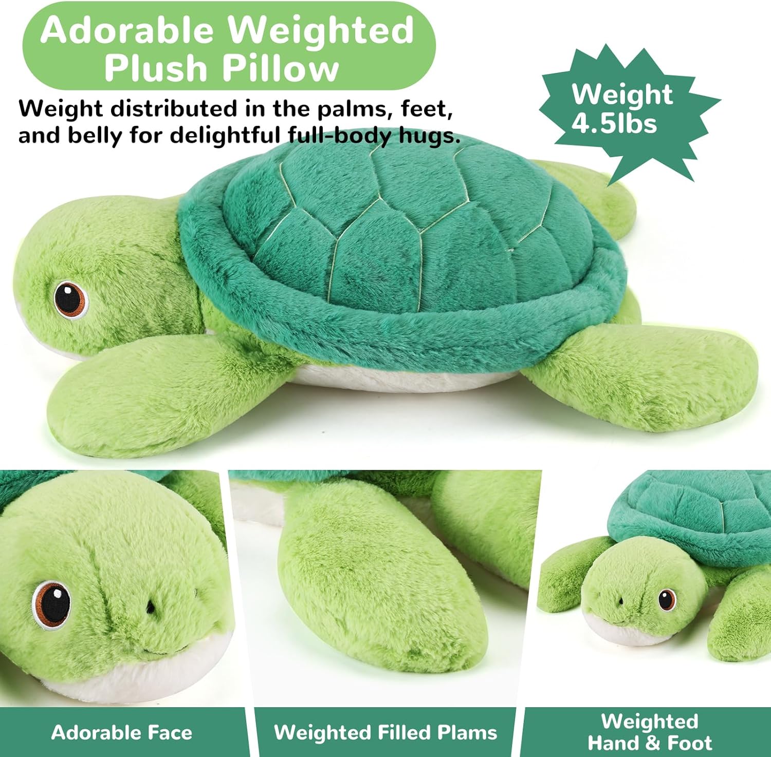 gnomantic Turtle Weighted Stuffed Animals - 22 Inch 4.5 Pounds Weighted Plushies Sea Turtle Stuffed Animal - Big Tortoise Plush Pillow - Cute Plush Toys Gifts for Kids & Adults (22" 4.5 lbs) - Image 3