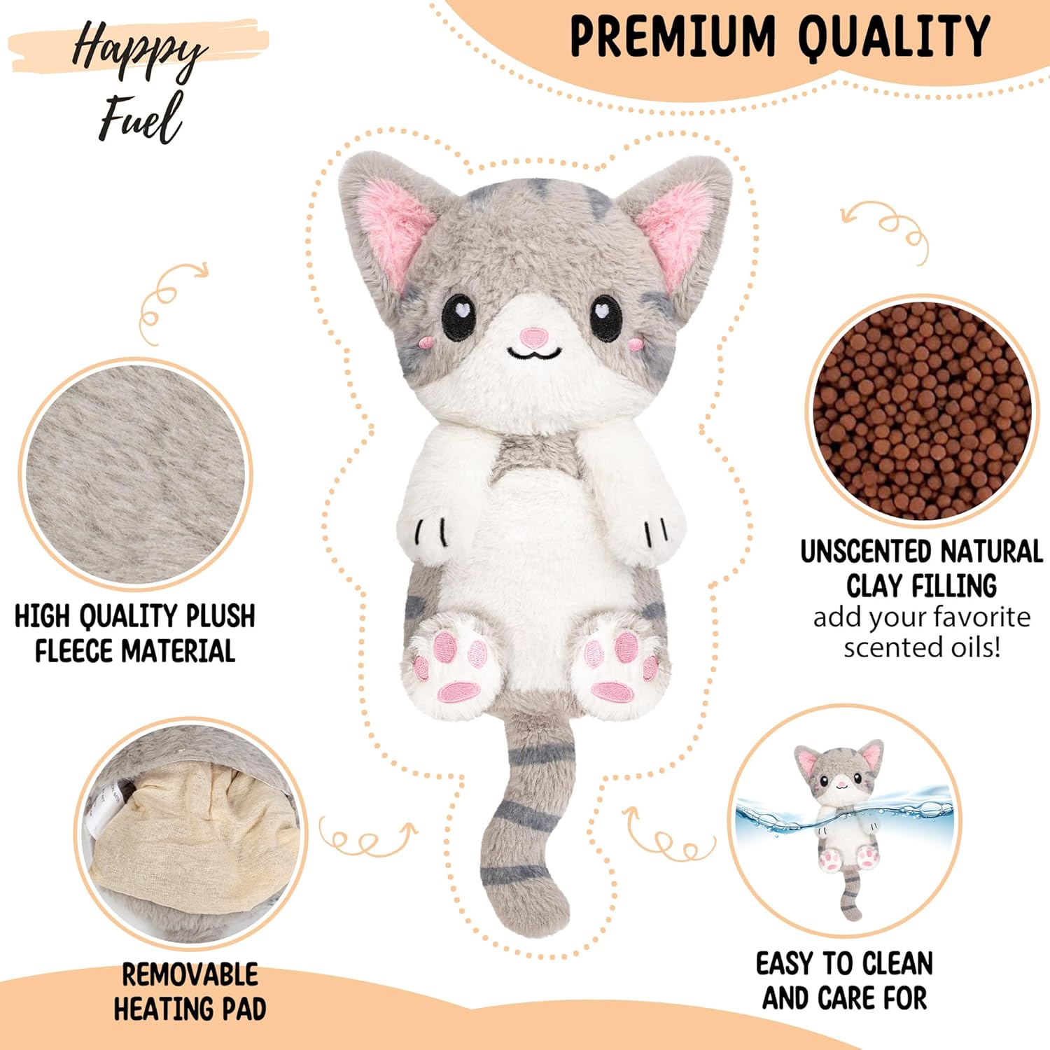 Happy Fuel Grey Cat Microwavable 1.5 lbs Unscented Heating Pad for Women & Kids- Cute Soft Cozy Pillow Plush Heatable Warm Stuffed Animals- Kawaii Hot & Cold Plushie - Gray Cat Gifts for Girls & Women - Image 3