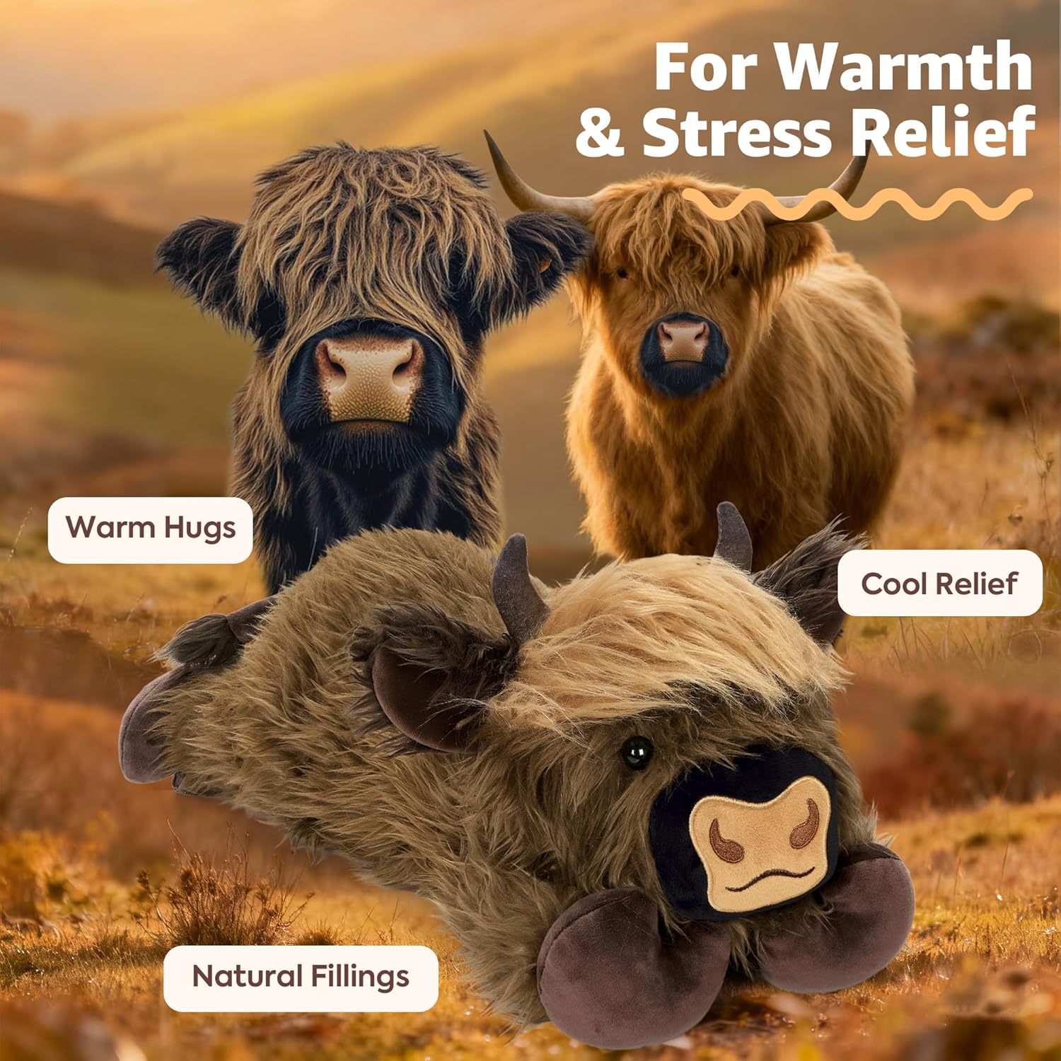 Onsoyours Original Weighted & Heatable Highland Cow Stuffed Animals, Microwavable Plushies for Stress Relief - 20 inch Large Comfort Soft Plush Toys for Kids & Adults - Image 2