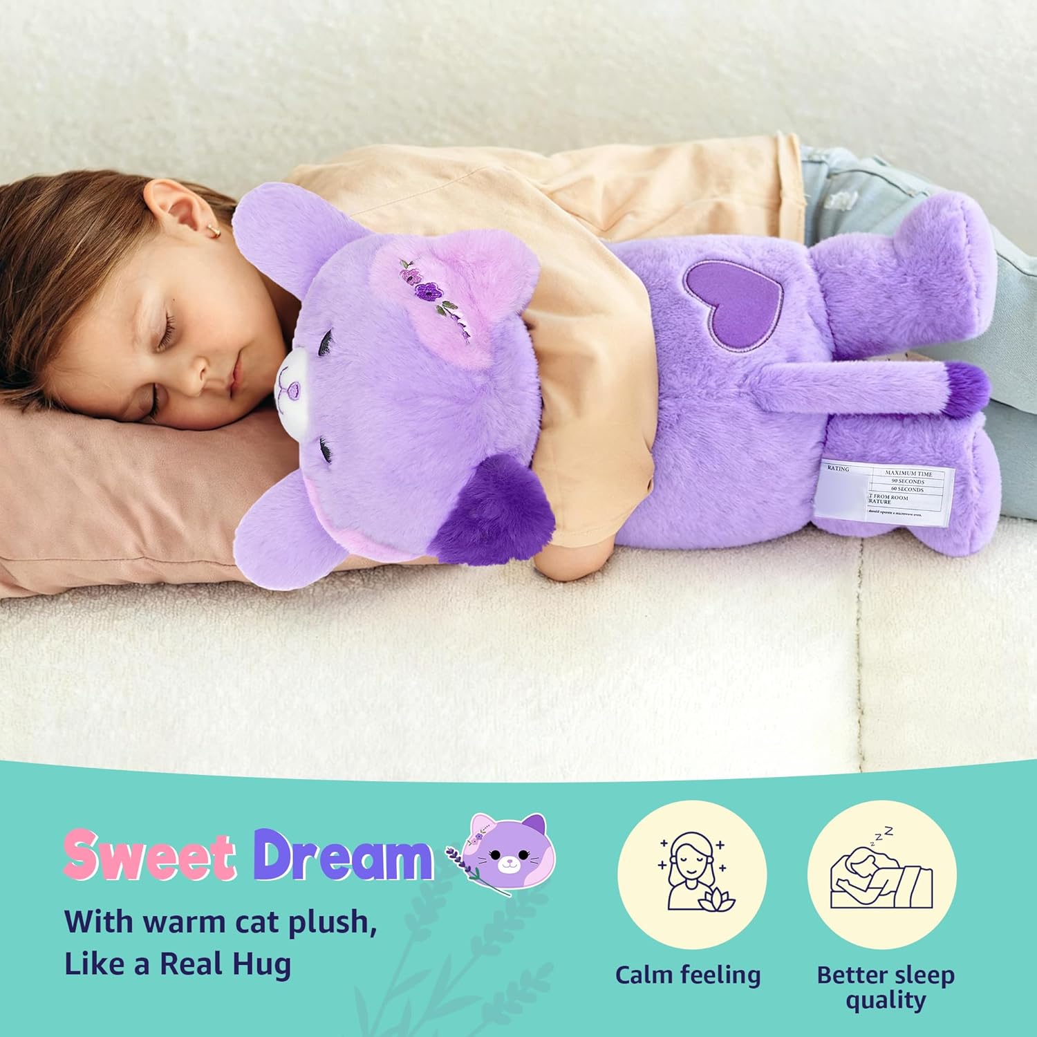 Onsoyours Original Heatable & Weighted Cat Stuffed Animals, Microwavable Purple Lavender Scented Kitten Plushie for Warmth & Comfort - Cute Plush Toys for Kids and Adults - Image 6