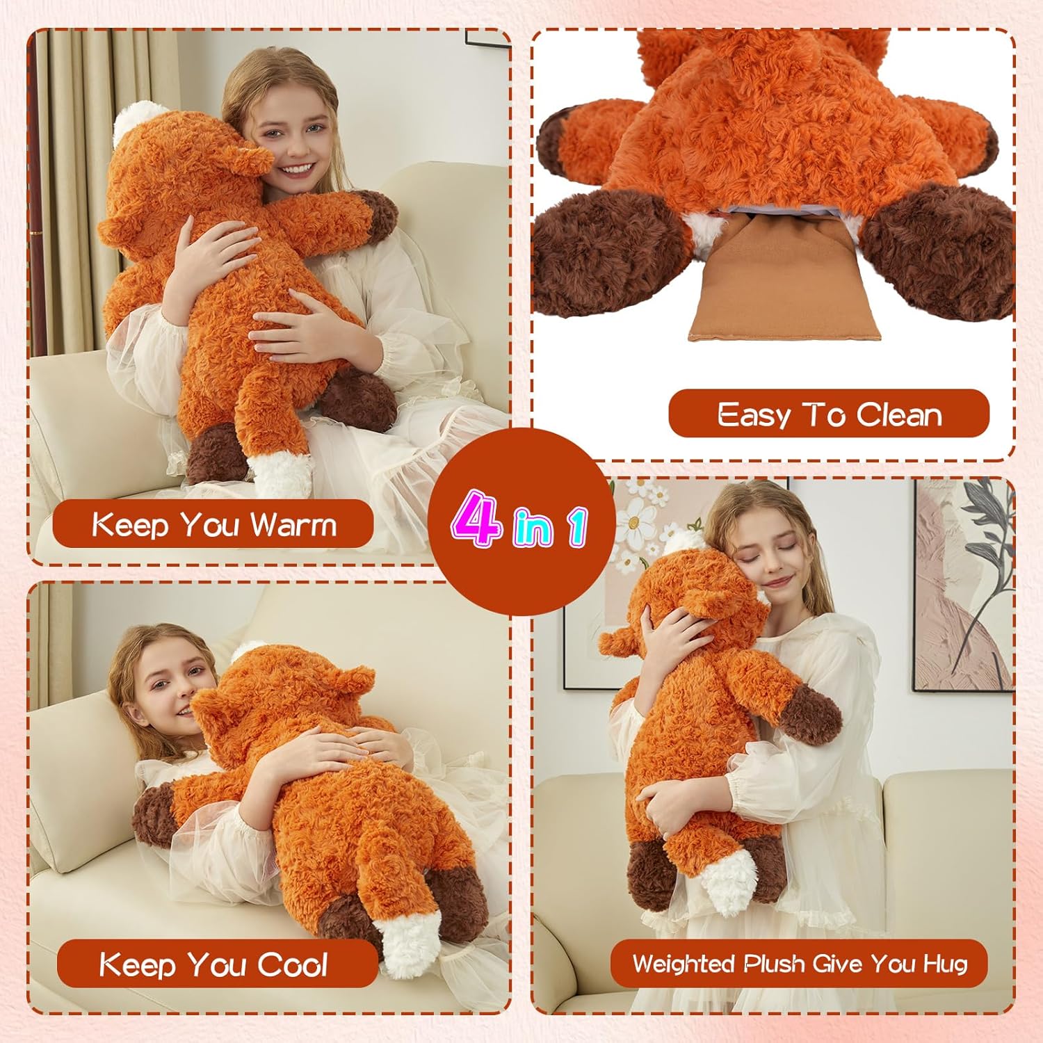 GILFWM 25" 5 Lbs Weighted Stuffed Animals Fox, Heatable and Coolable Weighted Plush with Microwavable Heating Pad,Removable Soft Washable Cute Plushie Pillow Toy Gifts for Adults and Kids - Image 4