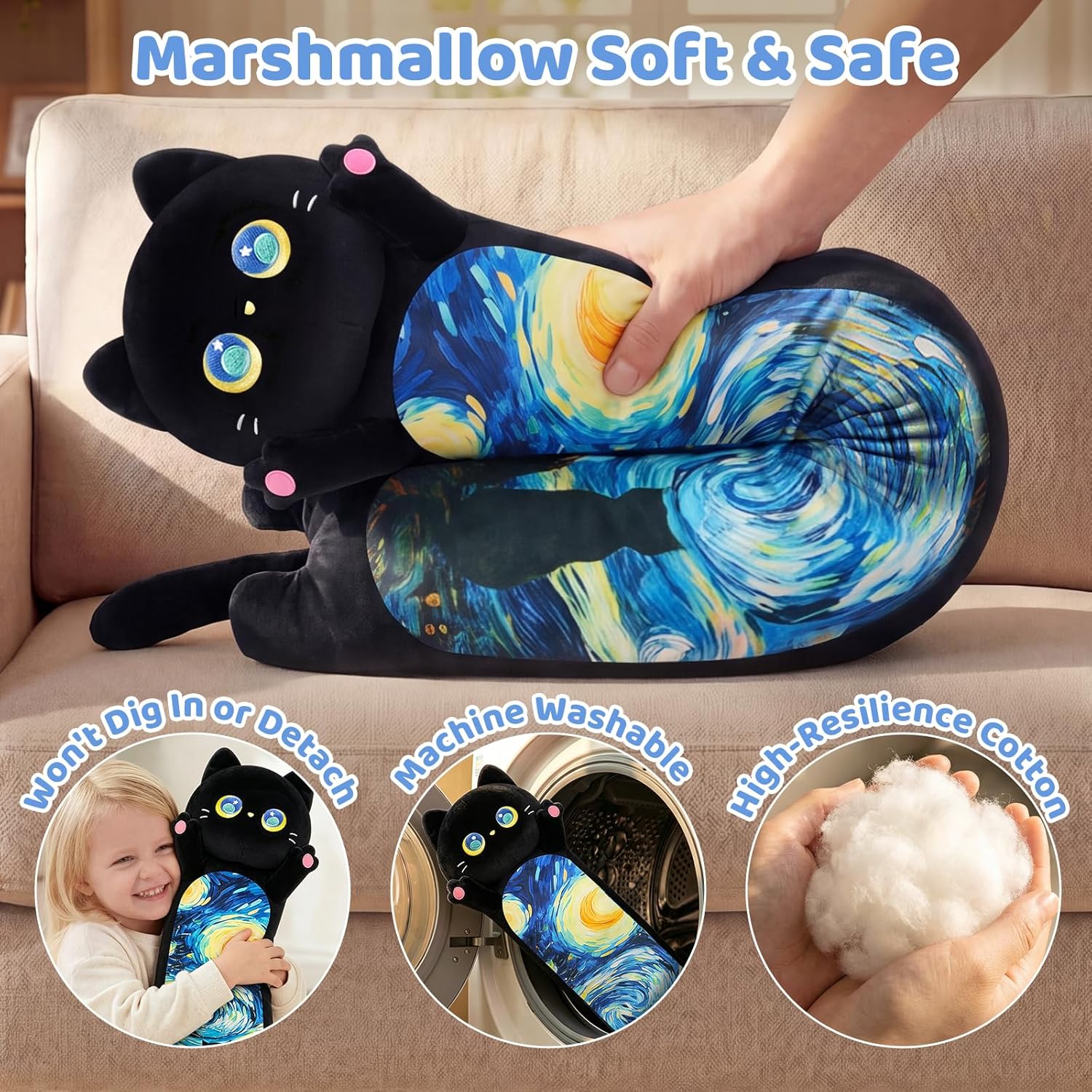 Mewaii Long Cat Plush 5 Sizes, 120% Extra Filling Giant Plushness Kids Body Pillow, Kawaii Cute Black Starry Cat Stuffed Animals Plushies, Big Long Black Cat Body Pillow Plush Gift for Girls 20” - Image 8