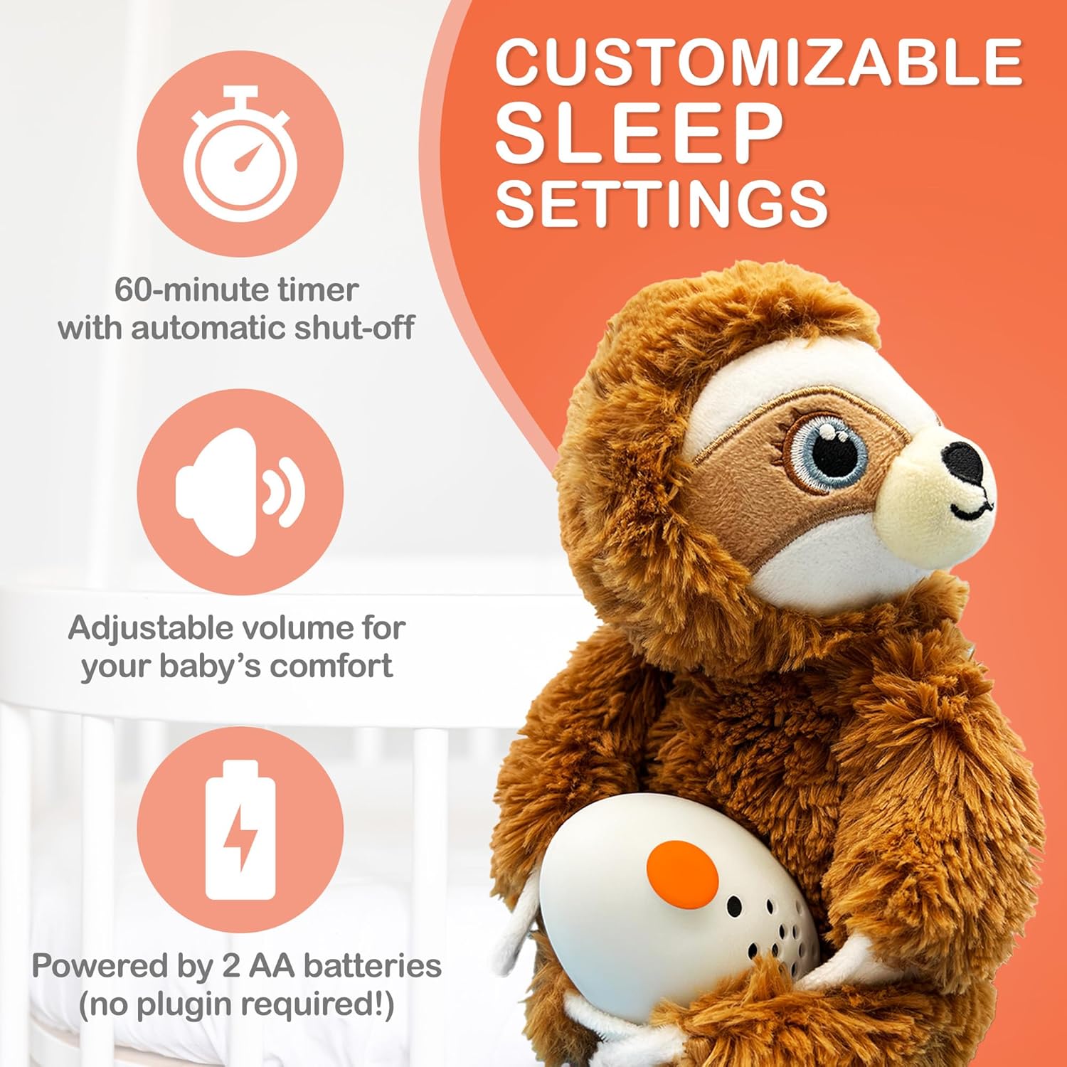 Baby Shusher Shusher Sloth - Soothing Baby Toy for Sleep, Cry Activated Baby Soother, Stuffed Animal for Babies & Kids, Hush White Noise Sounds, Crib Sound Machine for Toddlers - 1 Count - Image 4