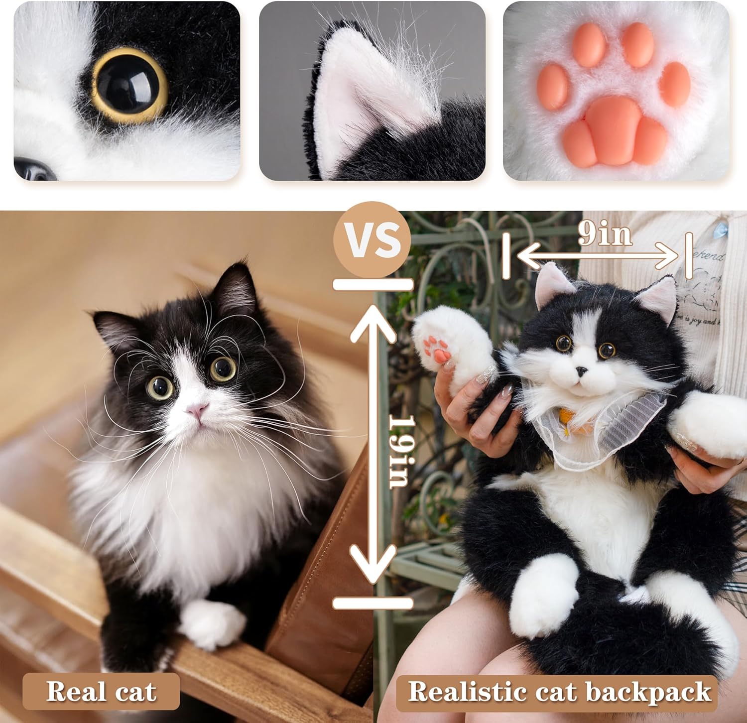Chongker Stuffed Animals Backpack - Cute Cat plush Backpack Toy, Handcrafted Realistic Cat Shaped Backpack, Heartwarming Surprise Idea, Companionship Stuffed Cat, Large Black Cat - Image 2