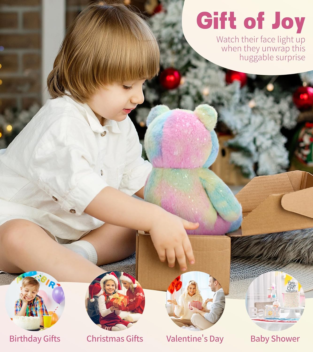 Tezituor Rainbow Teddy Bear Stuffed Animal,13.78in Cute Bear Plush Toys, Cozy Bears Plushies,Stuffies for Girlfriend, Kids Valentine’s Day,Christmas,Birthday Gifts,Huggable Medium Size(Rainbow) - Image 4