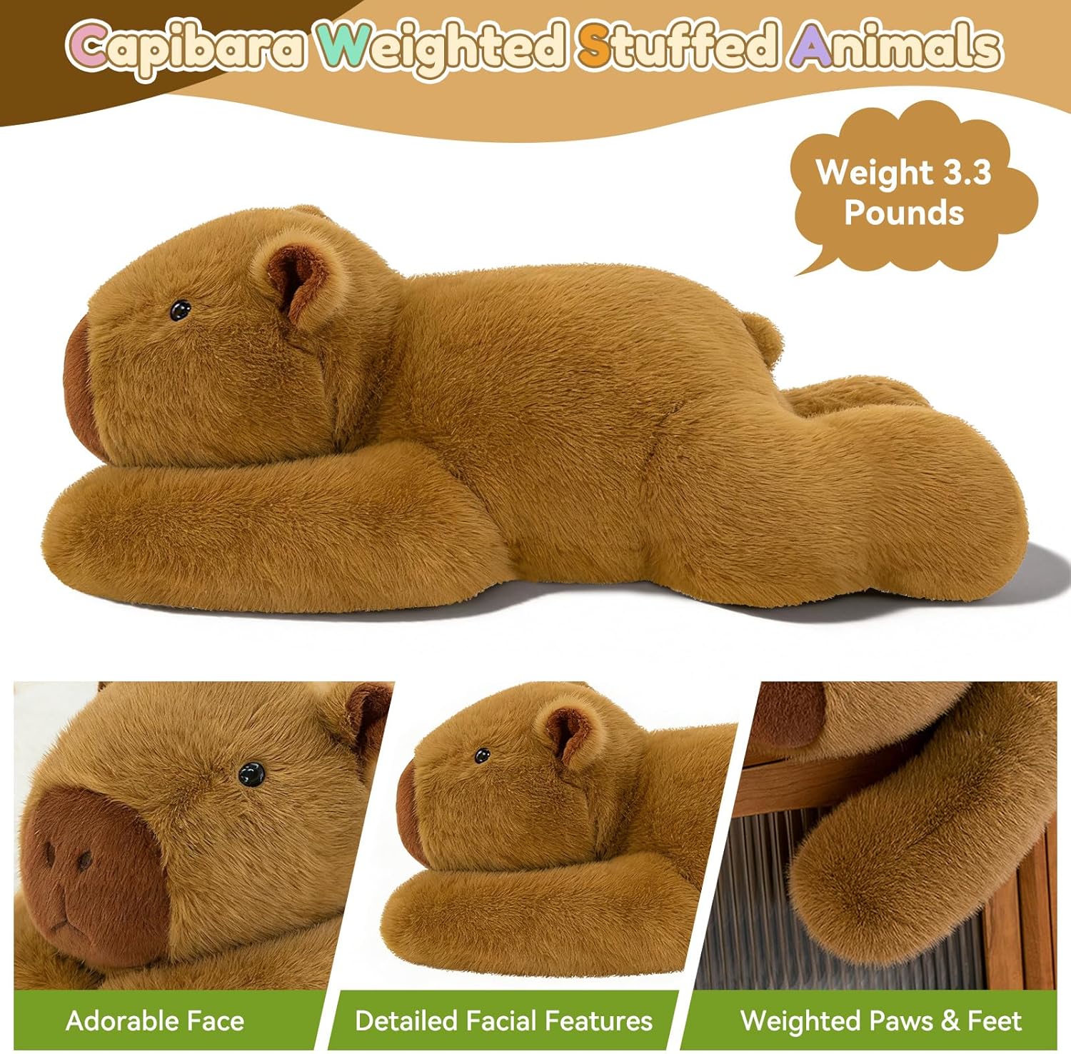QUIRAI Capibara Plush Weighted Stuffed Animals, Weighted Capibara Stuffed Animal, Plush Pillow for Kids & Adults, Cute Capibaras Plush Toy, Birthday Gift for Relaxing, Bedtime, Comfort 24 Inch 3.3Lb - Image 2
