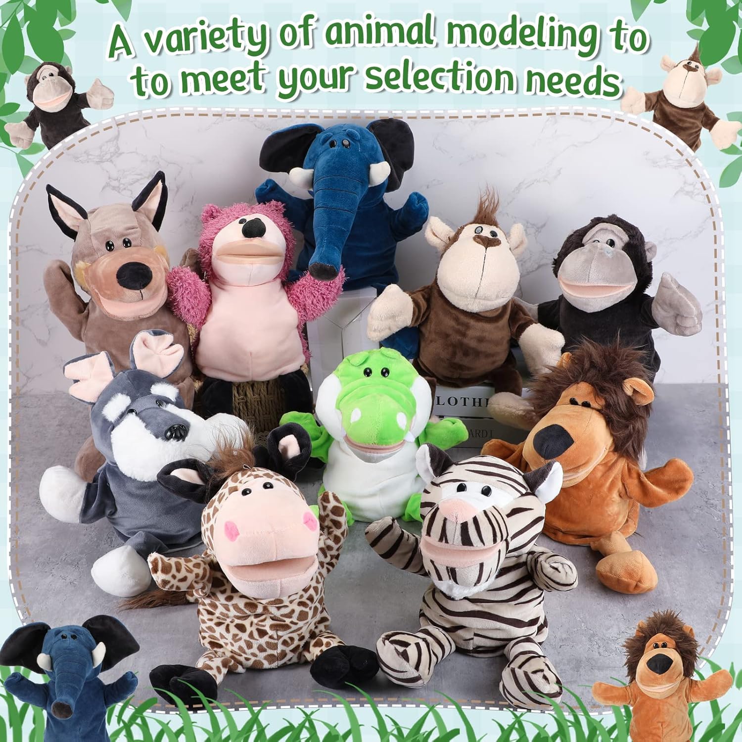 Wettarn 10 Pcs Animal Hand Puppets 12 Inch Soft Plush Lion Orangutan Giraffe Tiger Pig Elephant Plush Hand Toddler Puppets for Boys and Girls Kids Storytelling, Teaching, Role Playing(Lovely Style) - Image 4
