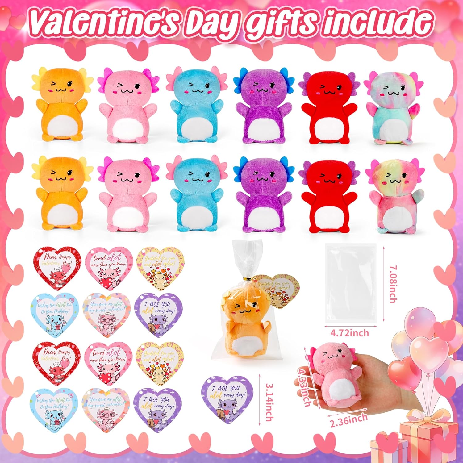 12 Axolotl Plush Toy Set with Valentine's Day Card, Mini Cute Animal Doll, Girl's Party Gift, Children's Birthday Gift, Christmas Sock Filler, Soft Fill Plush Doll Decorative Card - Image 7