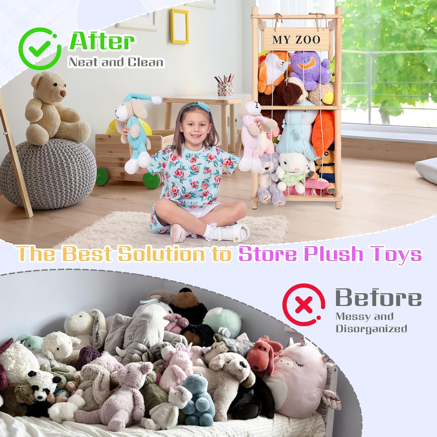 GLDZI Stuffed Animal Storage Zoo, Wooden Stuffed Animal Organizer with Elastic Cords for Boys Girls, Space Saving Toy Plushies Storage Holder for Playroom, Bedroom, Living Room (Burlywood, Small) - Image 4