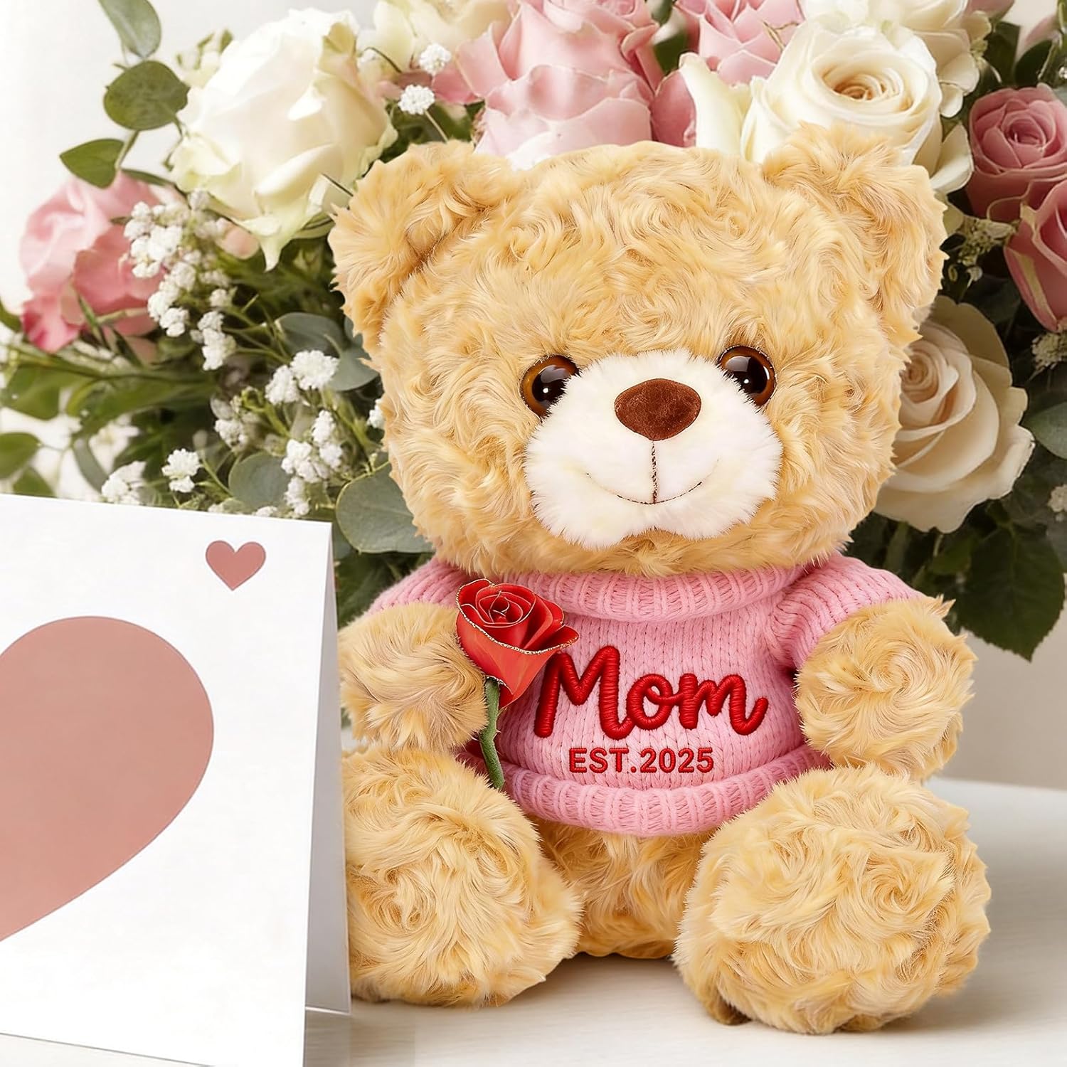 12'' Personalized Mother's Day Embroidered Teddy Bear with Rose, Custom Name Stuffed Plush Teddy, Soft Mom Bear Gift for Mother's Day, Birthday, Customized Gift for Mom Grandma from Daughter Son - Image 2