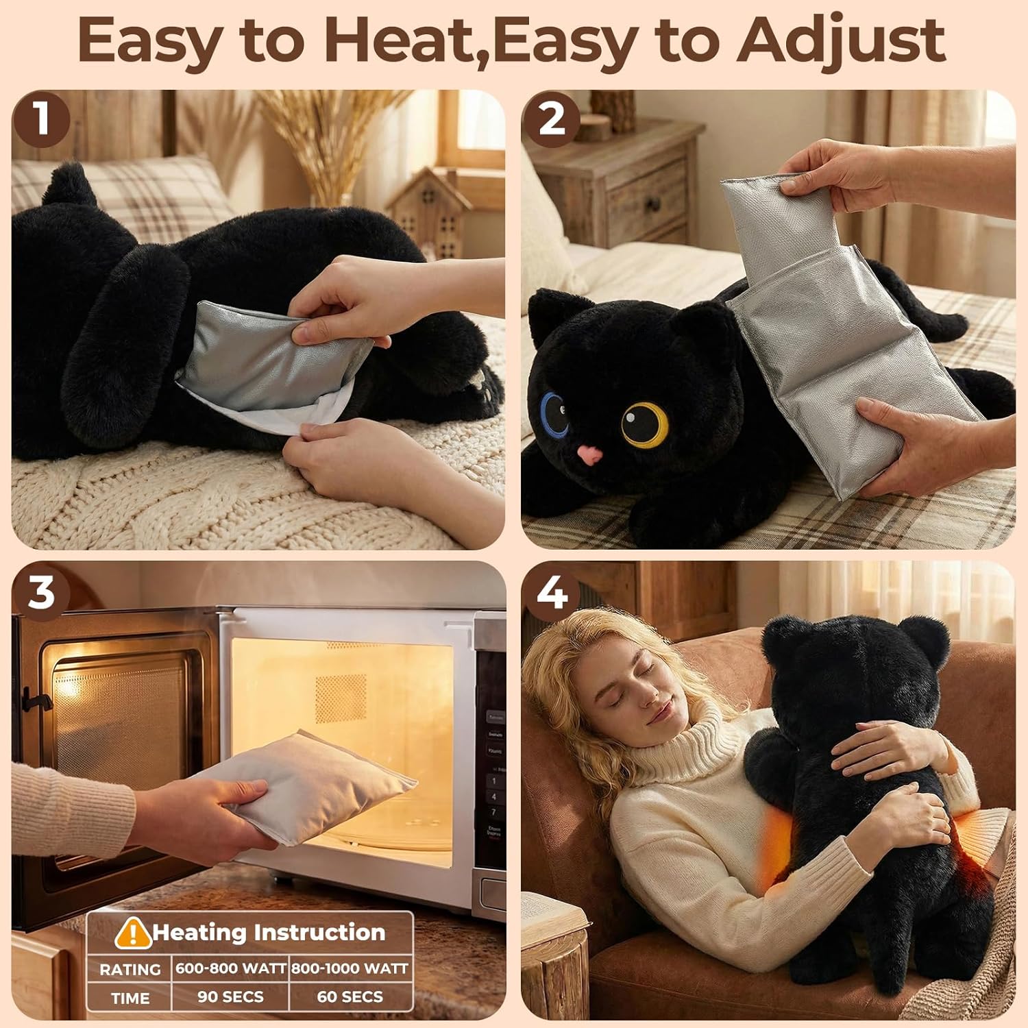 Mewaii Weighted Stuffed Animals 5 lbs Adjustable, Heated & Coolable 23 Inch Plush for Realistic Hug, Microwavable Removable Inner Pad, Cat Gifts for Adults & Kids (Black) - Image 4