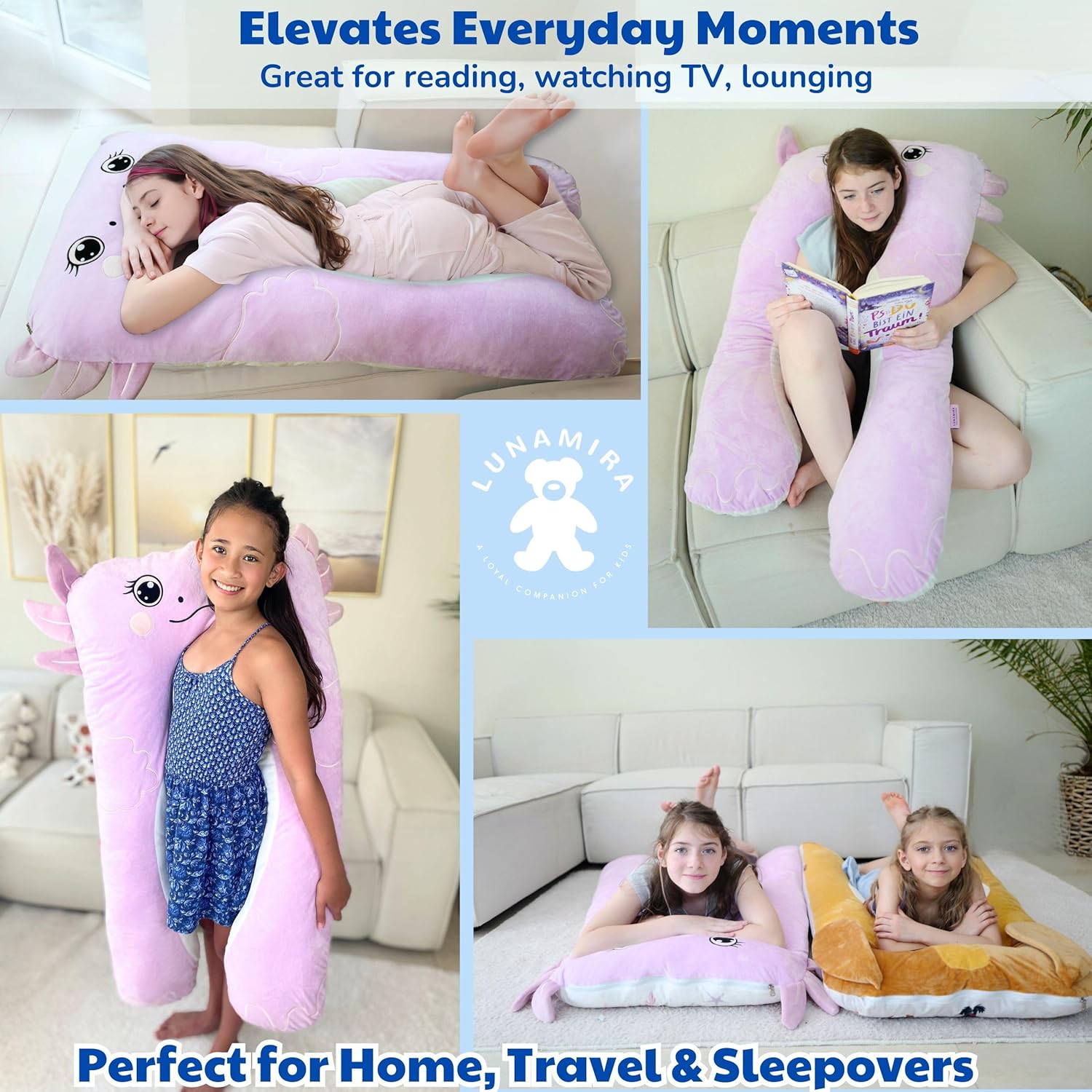 LUNAMIRA Axolotl Kids Body Pillow - 47" U-Shape Long Plush Soft Animal Pillow for Kids, Sleeping, Reading, ADHD & Special Needs Comfort, Anxiety, Washable Cover, Snuggle Fun Cuddle for Boys & Girls - Image 4