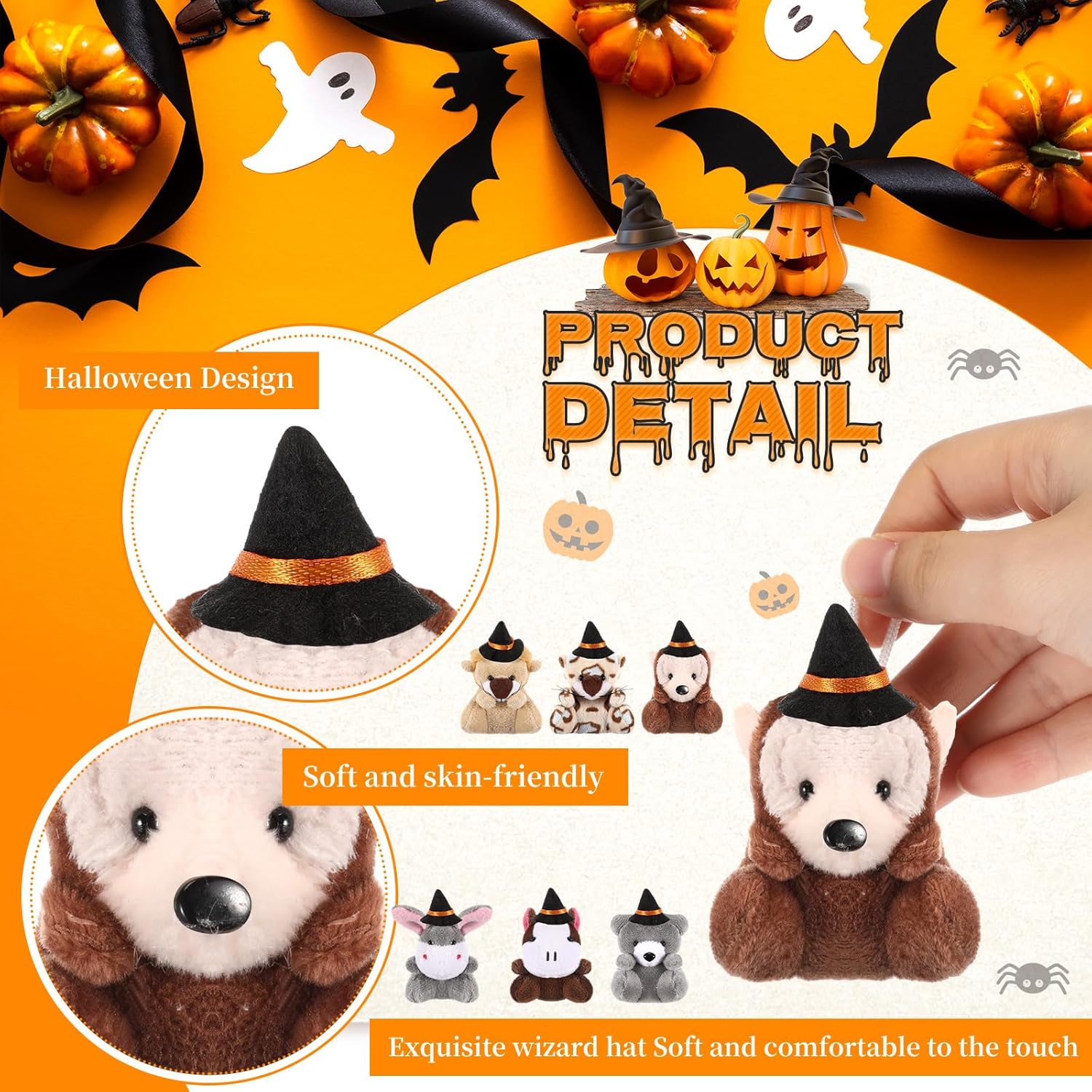 Blueweenly 24 Pcs Mini Halloween Plush Stuffed Animal Toy Small Stuffed Animal Set Gifts with Witch Hat Trick or Treat Plush Keychain Decorations for Exchange Gifts Party Favors Bag Fillers - Image 7
