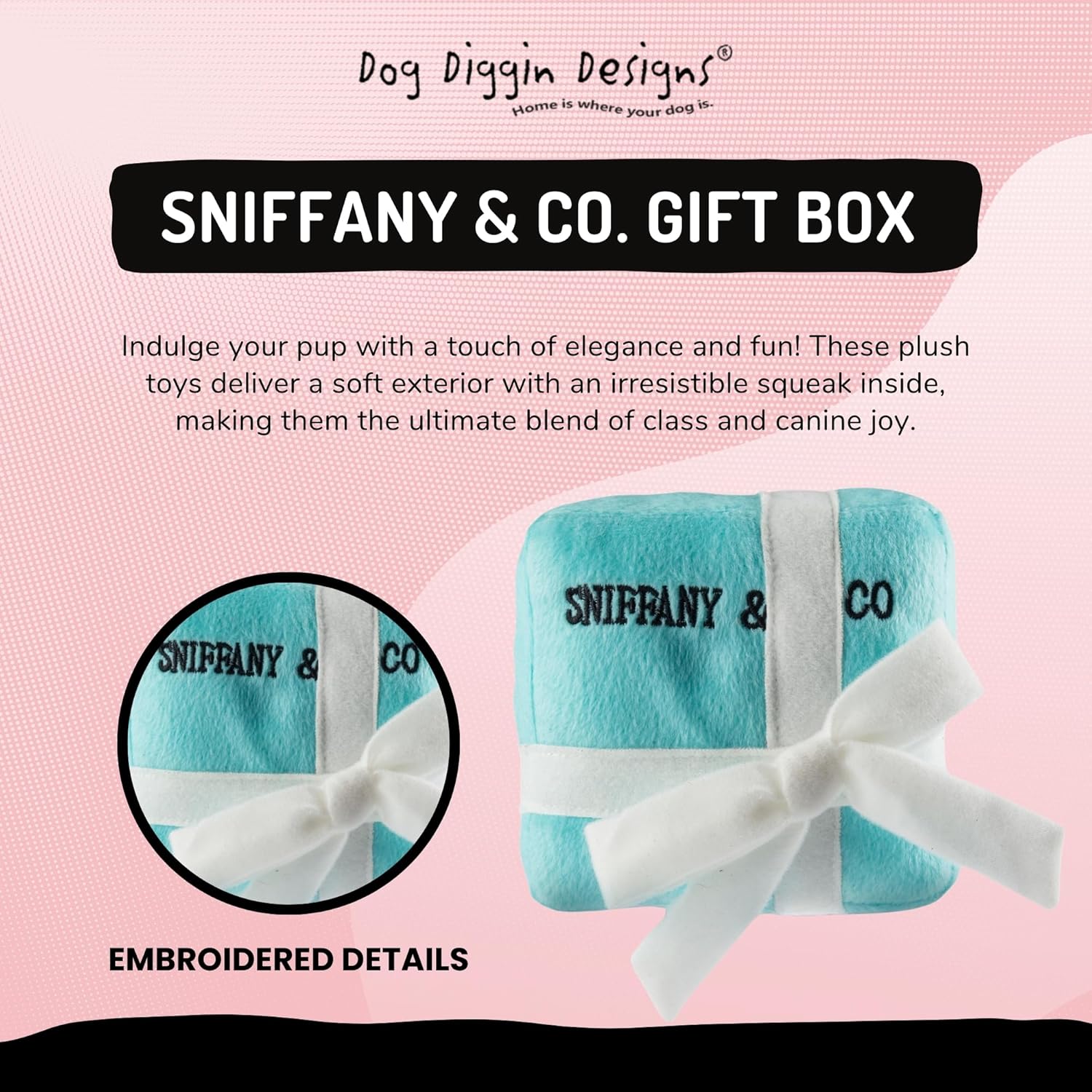Dog Diggin Designs Sniffany & Co Large Plush Dog Toy Box | Luxury-Inspired Parody Designer Gift Box with Built-in Squeaker, Soft Plush Interactive Dog Toy – Thinking Outside The Box! - Image 3