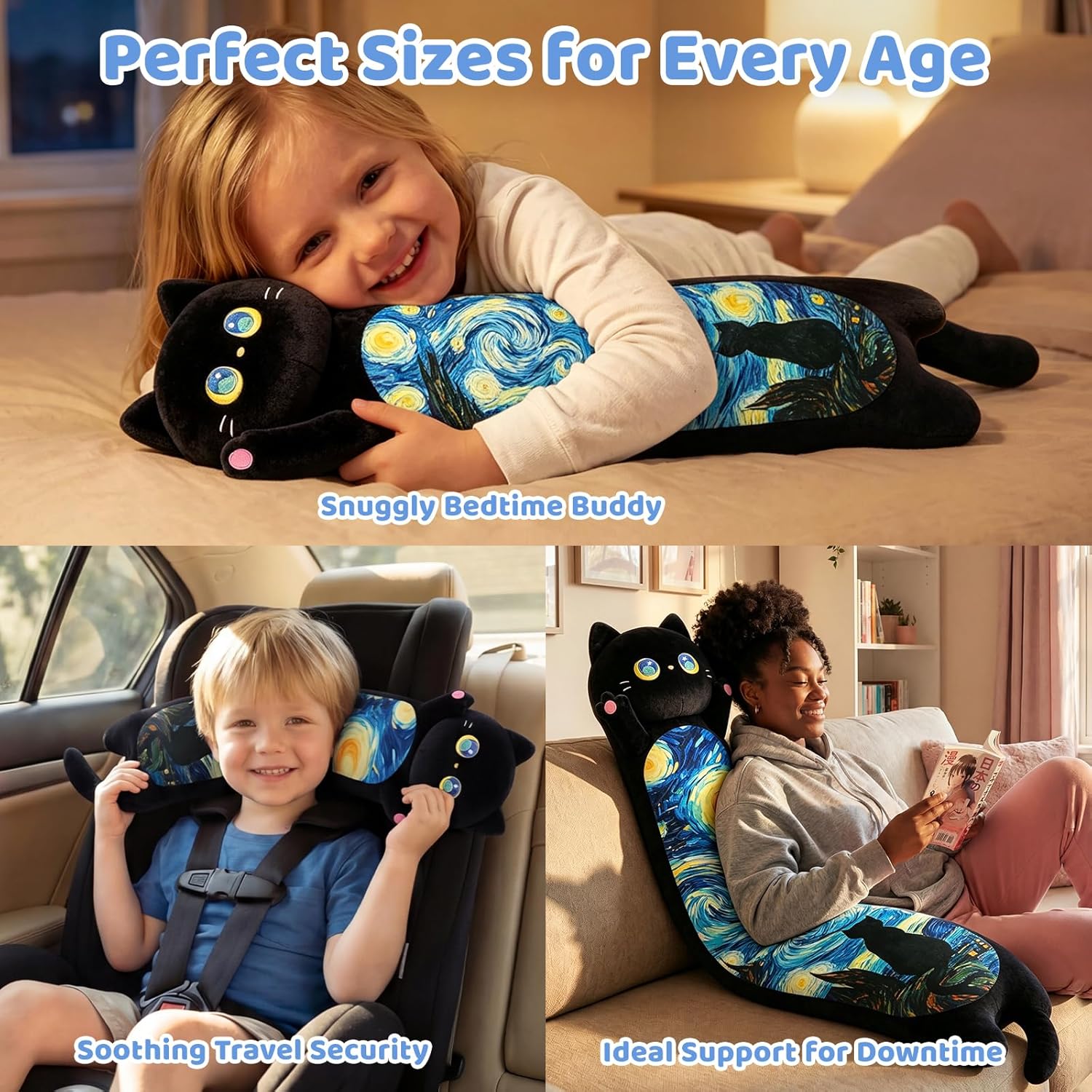 Mewaii Long Cat Plush 5 Sizes, 120% Extra Filling Giant Plushness Kids Body Pillow, Kawaii Cute Black Starry Cat Stuffed Animals Plushies, Big Long Black Cat Body Pillow Plush Gift for Girls 20” - Image 4