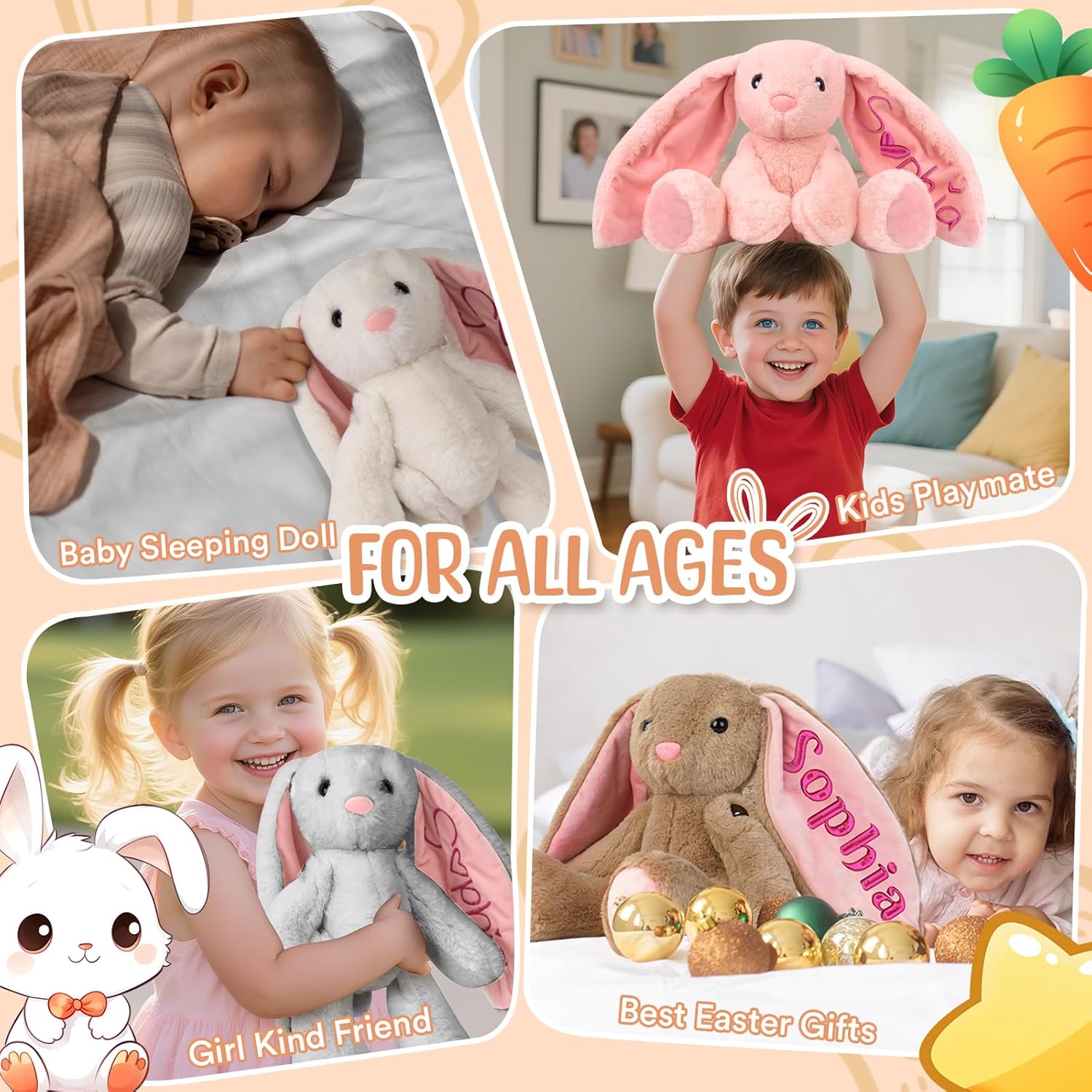 Personalized Bunny Plush for Kids Custom Bunny with Embroidered Name, Stuffed Animal for Toddler 1-3+ Girls Boys Bunnys Plush Toys Personalized Baby Newborn Kids Gifts for First Birthday Easter - Image 3