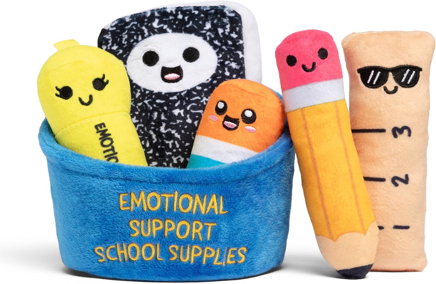 Emotional Support School Supplies Plush by Relatable, Cute Stuffed Animals and Squishy Toys, Includes 5 School Supply Plushies with Carrying Basket, Fun Graduation Gifts & Cute Stuff