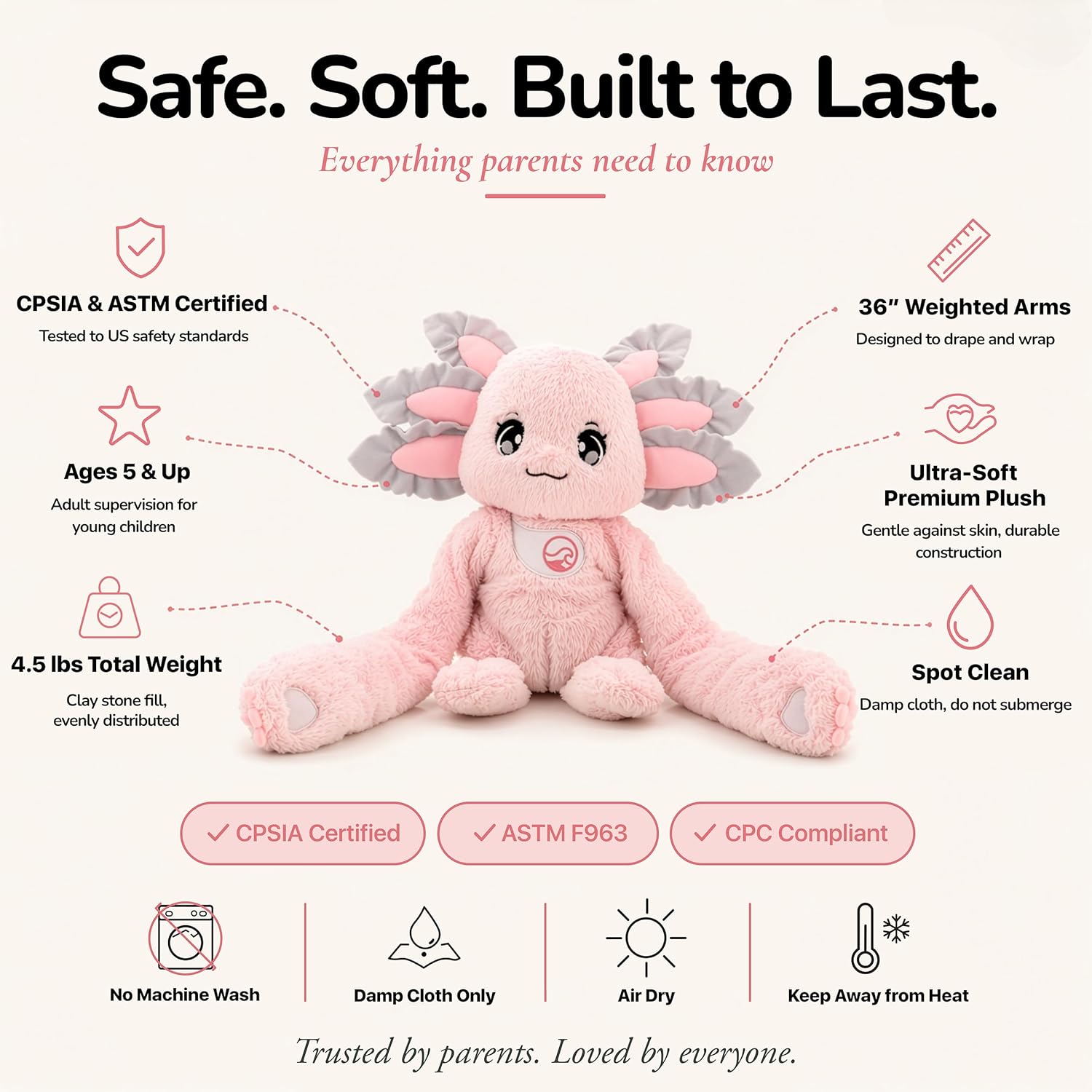 Huggle Healers Weighted Stuffed Animals for Adults, Teens and Kids - 36 Inch Long Plush Arms Pink Stuffed Animal for Hugs - 4.5lb Axolotl Plushies - Ula Axolotl - Image 6