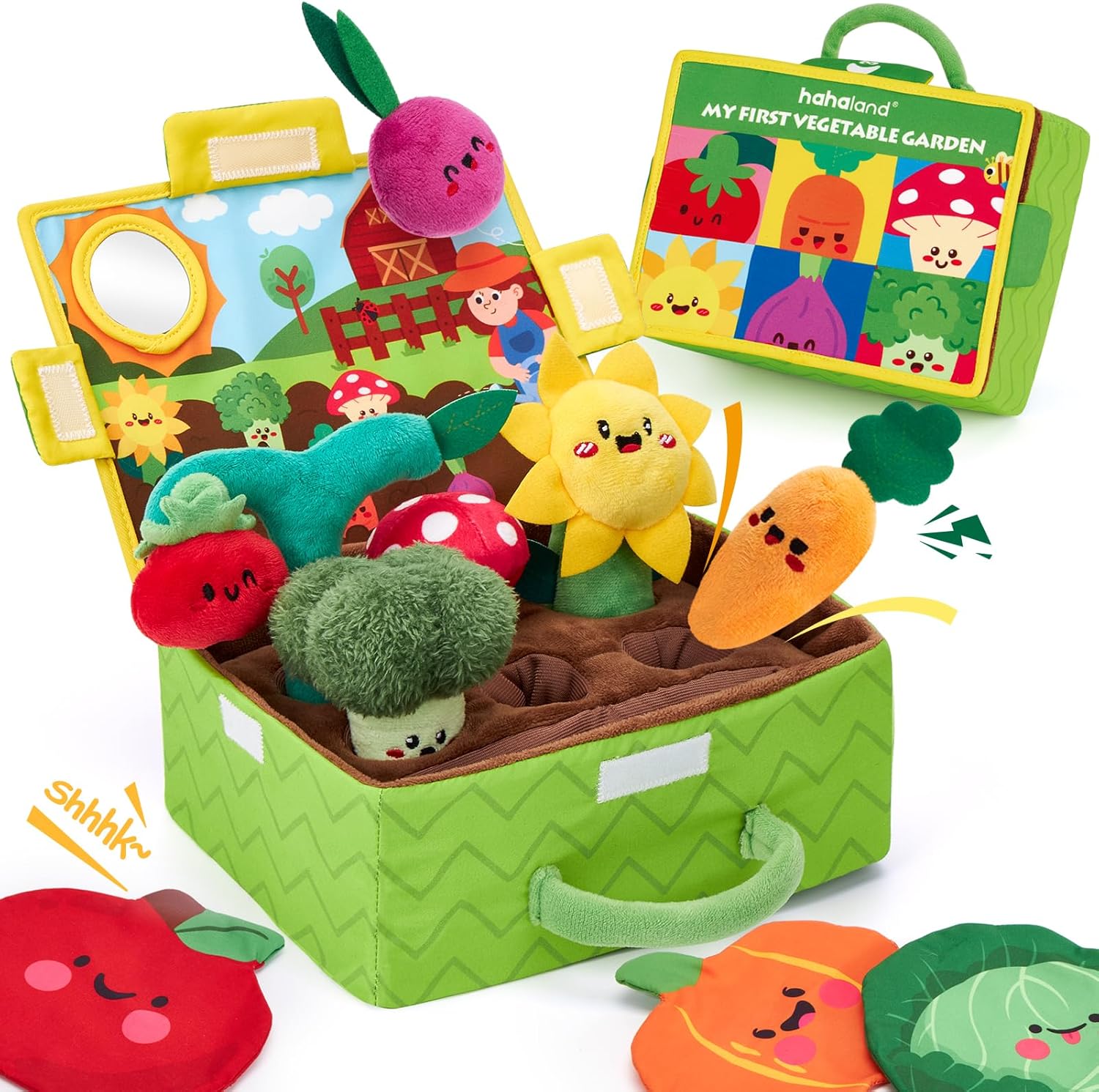 hahaland Baby Toys 6-12 Months - Fruits Vegetables Garden Plant Plush - 6 Month Old Toys Montessori Sensory Toy Carrot Flower with Rattles Mirror Squeaker Textures Crinkle Tissues, Baby Gifts 9 Month