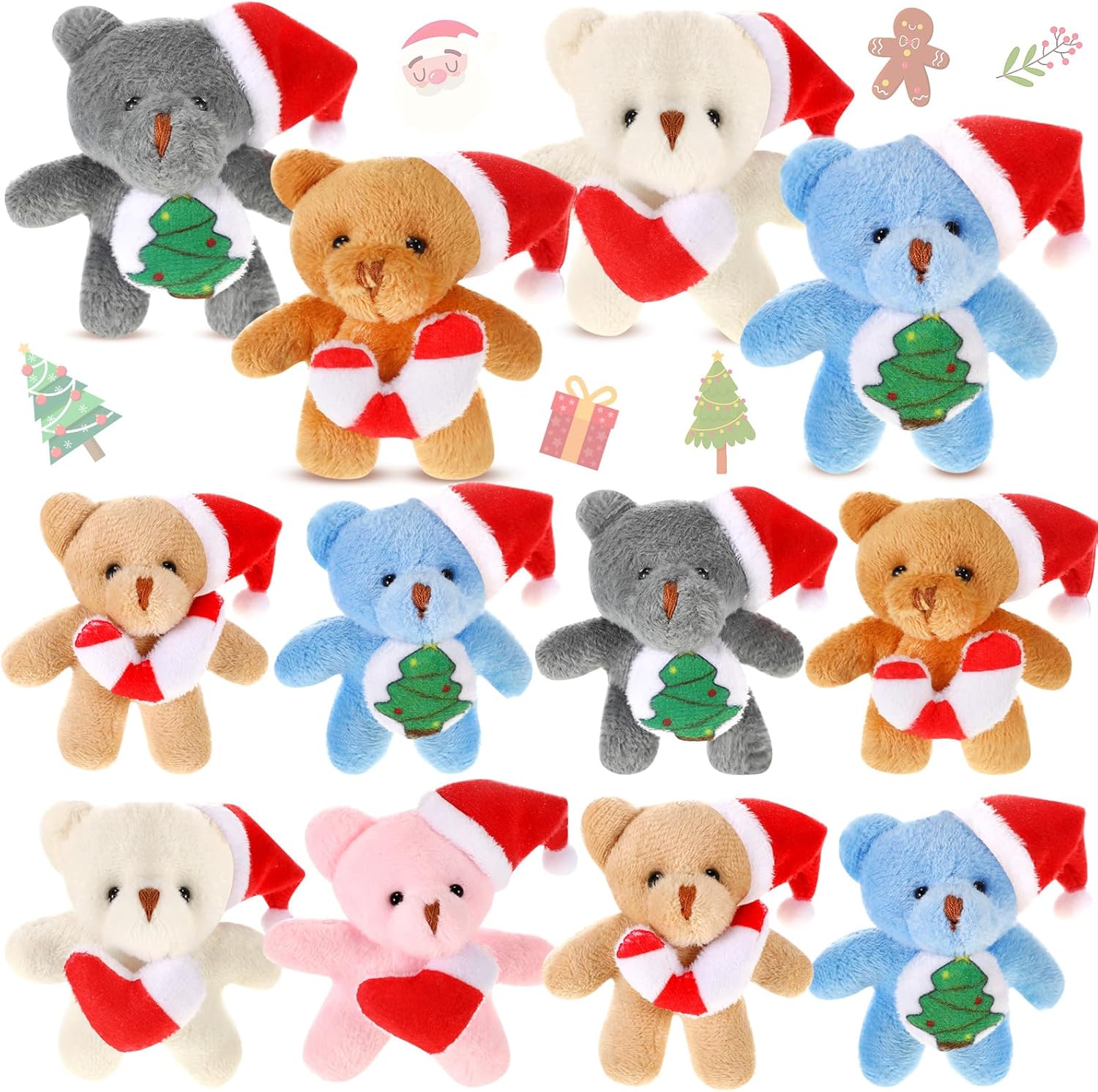Blueweenly 12 Pcs Christmas Plusies Mini Bear Stuffed with Santa Hat 2.8 Inches Christmas Animal Ornaments Toys Bulk for Kids Xmas Birthday Classroom Gifts Xmas Party Favors Stocking Fillers, 6 Styles
