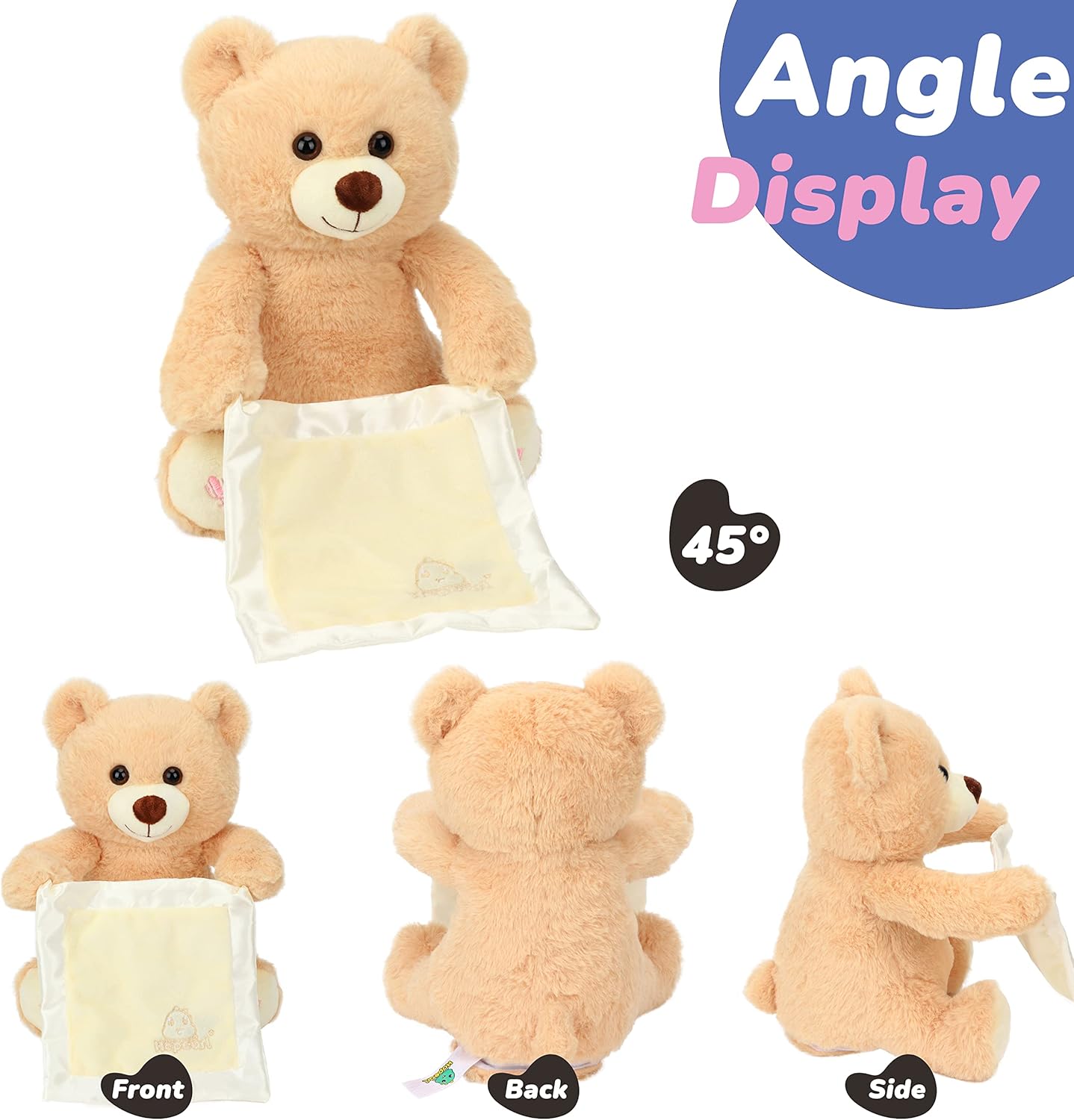 Hopearl Peek A Boo Bear with Security Blanket Interactive Repeats What You Say Plush Teddy Bear Toy Musical Singing Talking Stuffed Animal Adorable Electric Animate Birthday Festival, Beige, 11'' - Image 3
