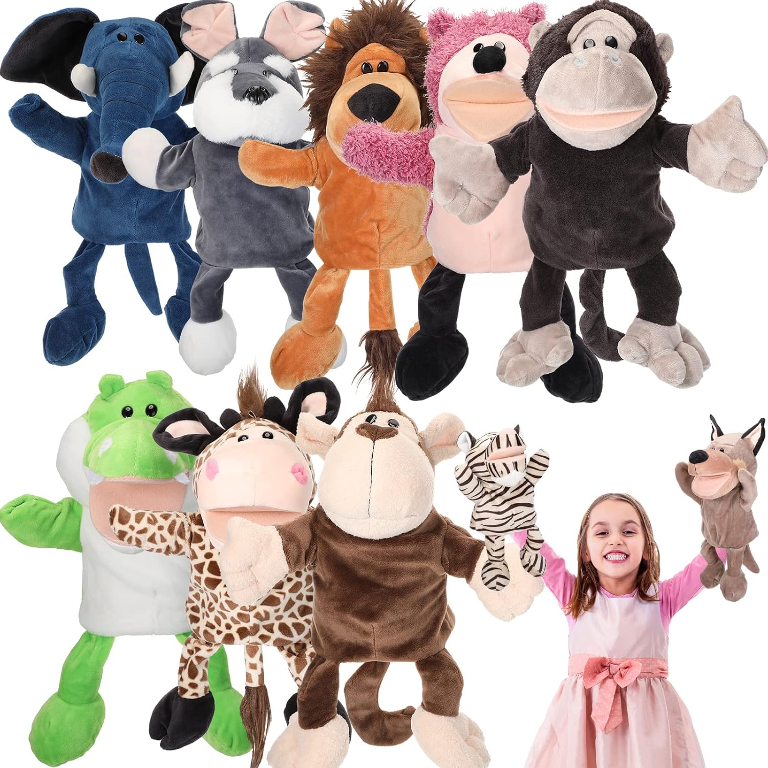 Wettarn 10 Pcs Animal Hand Puppets 12 Inch Soft Plush Lion Orangutan Giraffe Tiger Pig Elephant Plush Hand Toddler Puppets for Boys and Girls Kids Storytelling, Teaching, Role Playing(Lovely Style)