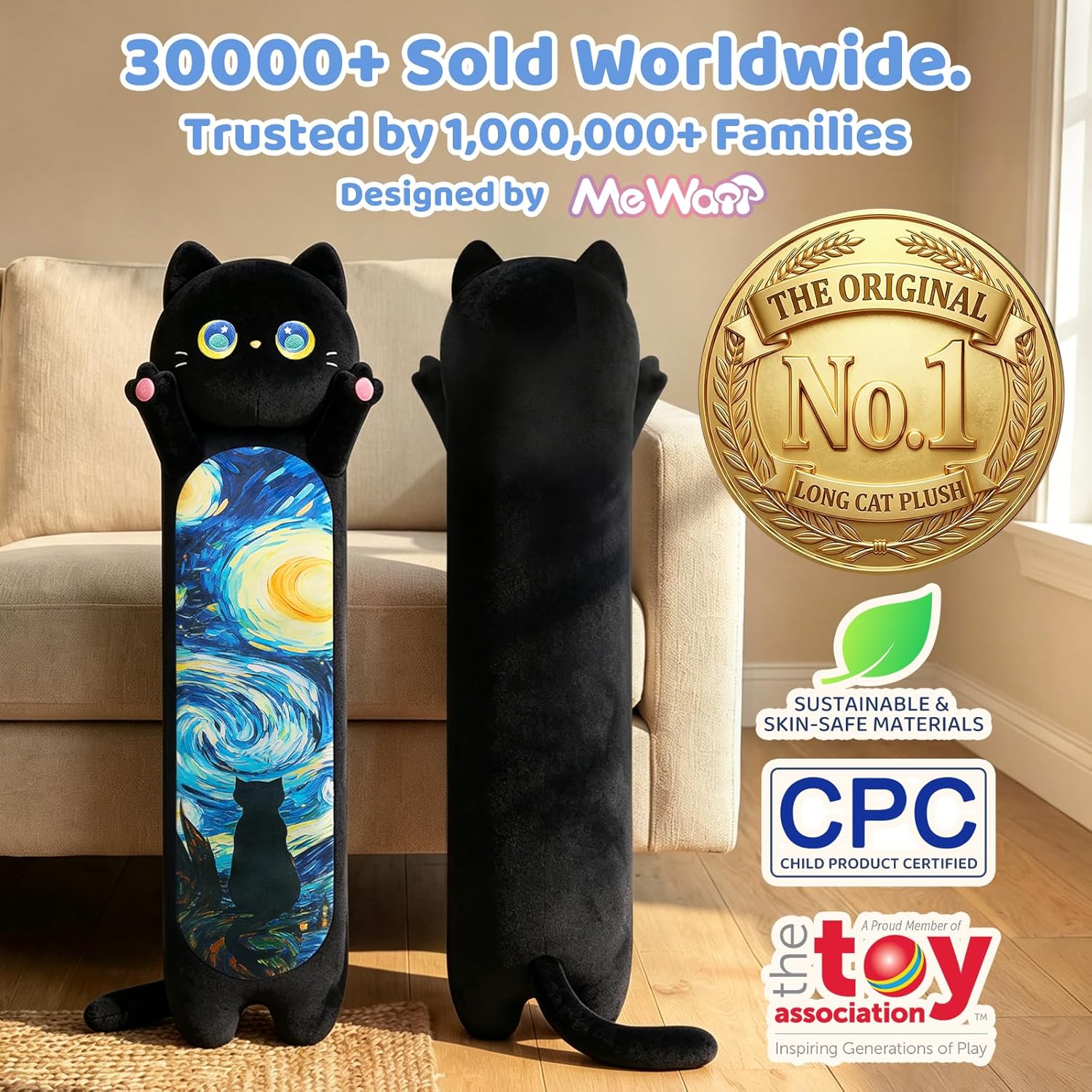 Mewaii Long Cat Plush 5 Sizes, 120% Extra Filling Giant Plushness Kids Body Pillow, Kawaii Cute Black Starry Cat Stuffed Animals Plushies, Big Long Black Cat Body Pillow Plush Gift for Girls 20” - Image 2