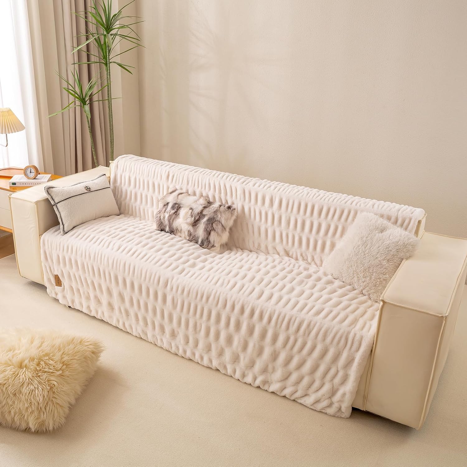 YUSOKI Luxury Double Side Faux Rabbit Fur Throw Blanket for Couch, Ultra Soft Fluffy Throw Gifts, Plush Thick Warm Luxury Decor Gifts for Home (Bright Cream, Medium (50 X 60 Inches)) - Image 6