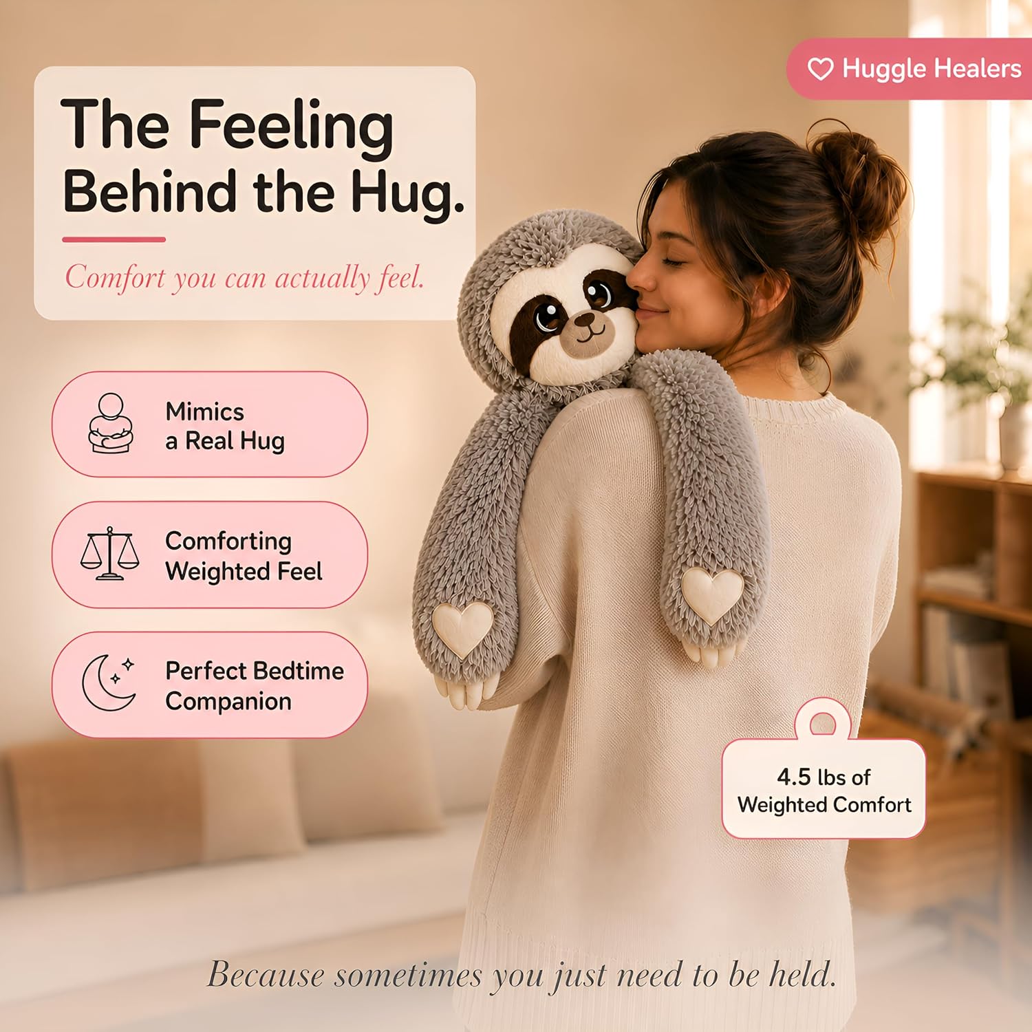 Huggle Healers Weighted Stuffed Animals for Adults, Teens and Kids - 36 Inch Long Plush Arms for Hugs - 4.5lb Sloth Stuffed Animal Plushies - Marshmallow Sloth - Image 8