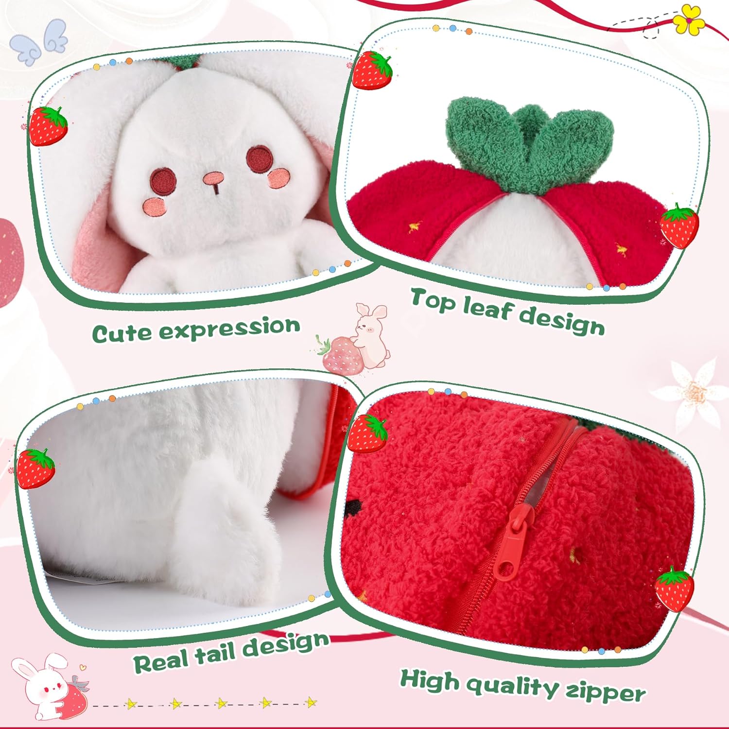 MIAODAM Easter Strawberry Bunny Plush Toy- Cute Soft Huggable Stuffed Animal for Kids & Collectors, Birthday Present & Nursery Decor 10inch - Image 5
