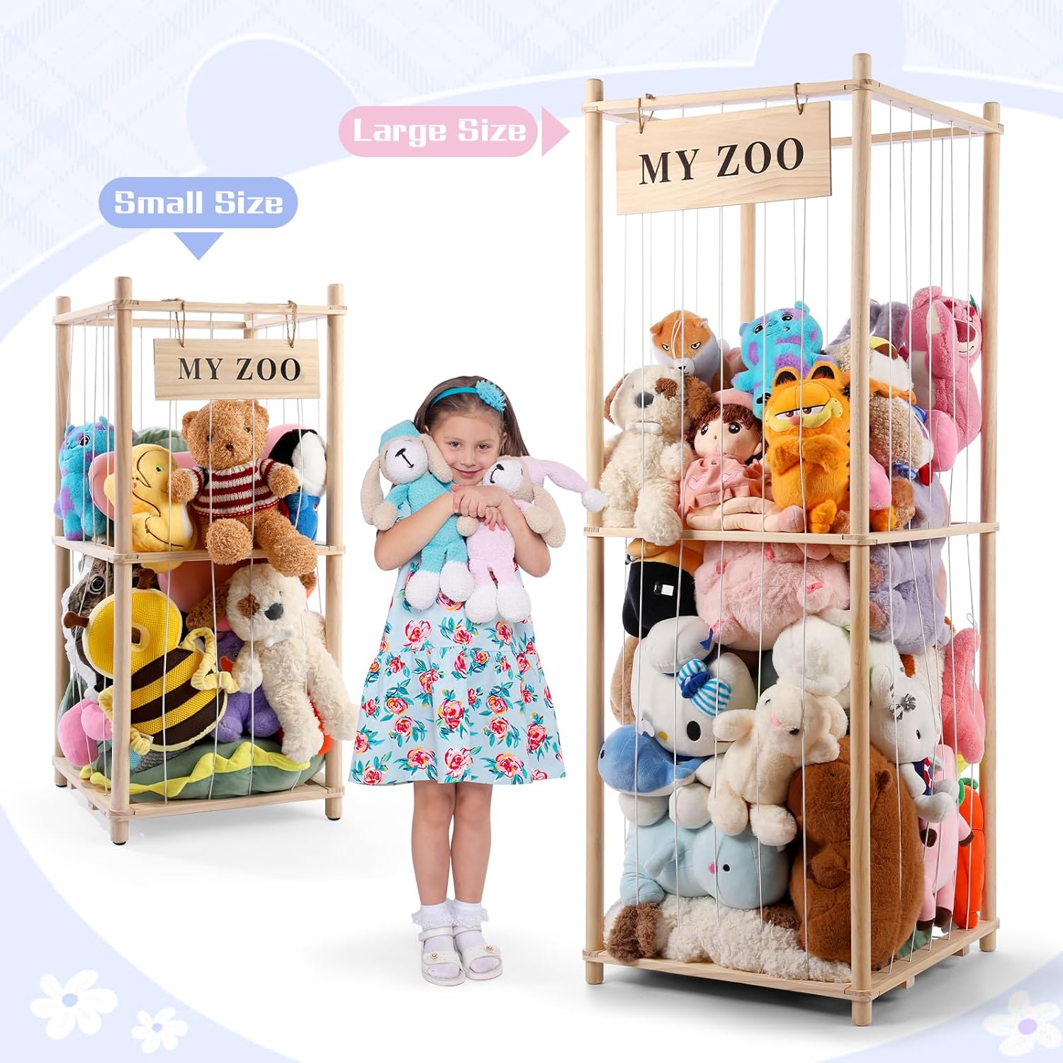 GLDZI Stuffed Animal Storage Zoo, Wooden Stuffed Animal Organizer with Elastic Cords for Boys Girls, Space Saving Toy Plushies Storage Holder for Playroom, Bedroom, Living Room (Burlywood, Small) - Image 7
