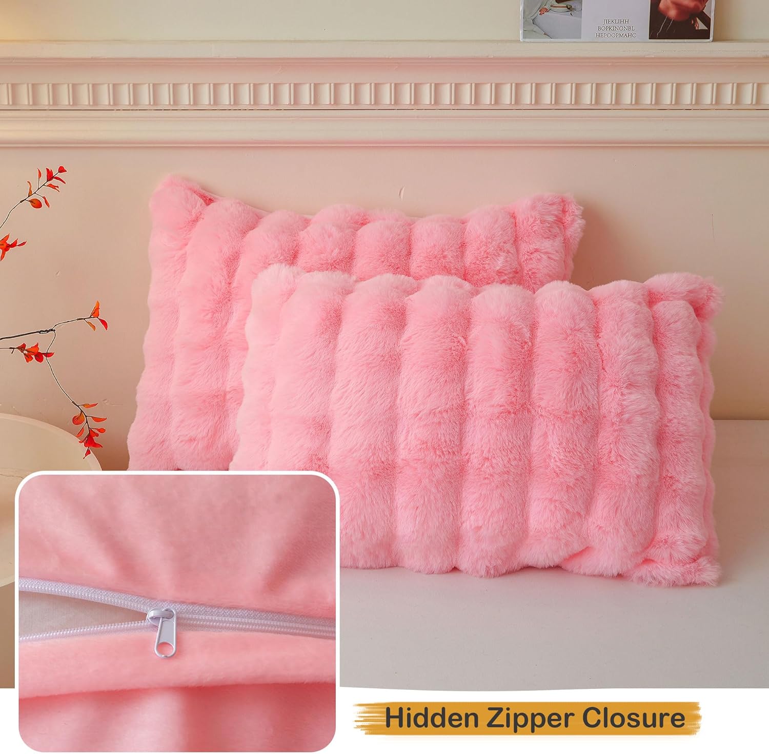 LIFEREVO Pack of 2 Fluffy Faux Rabbit Fur Pillowcases, Elegant Cute Plush Shaggy Bubble Bed Pillow Cases Standard Size with Zipper Closure, Home Decorative Furry Fuzzy Long Pillow Shams 20x26, Pink - Image 6