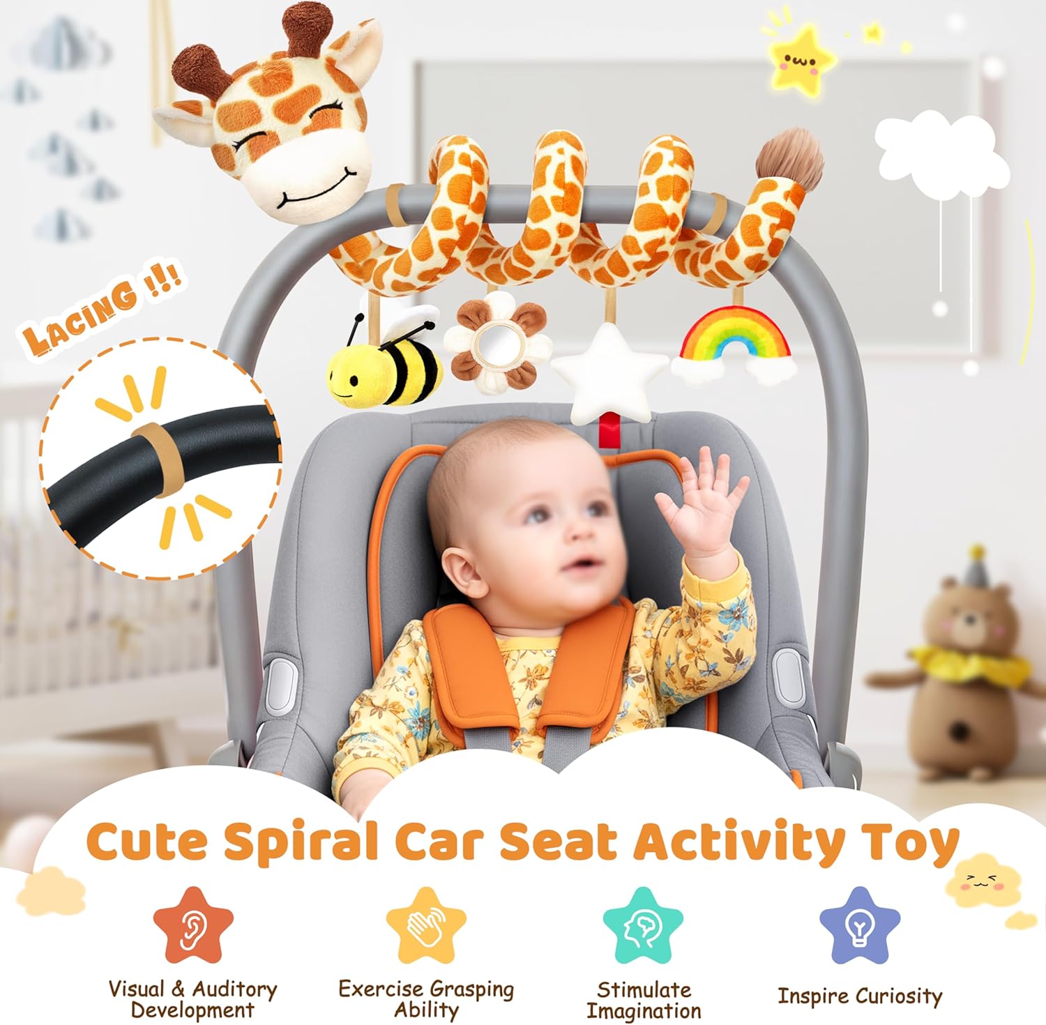 Stuffed Spiral Car Seat Baby Toys 6-12 Months, Infant Giraffe Sensory Toys Hanging Stroller Accessories, Newborn Shower Gifts for Baby Boys Girls Essentials | Cute Colorful Giraffe - Image 6