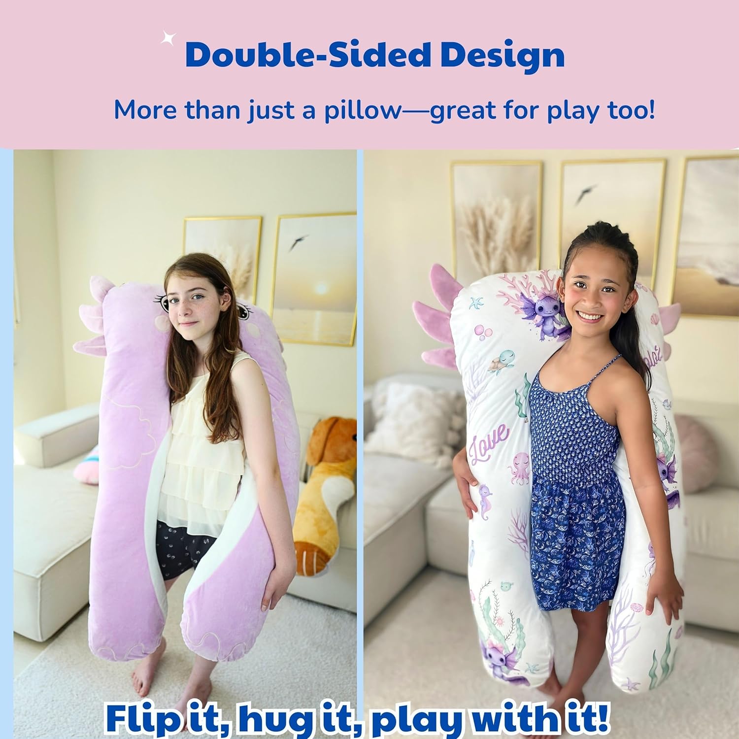 LUNAMIRA Axolotl Kids Body Pillow - 47" U-Shape Long Plush Soft Animal Pillow for Kids, Sleeping, Reading, ADHD & Special Needs Comfort, Anxiety, Washable Cover, Snuggle Fun Cuddle for Boys & Girls - Image 7