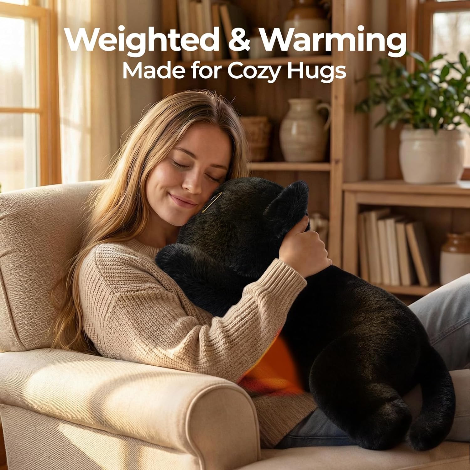 Mewaii Weighted Stuffed Animals 5 lbs Adjustable, Heated & Coolable 23 Inch Plush for Realistic Hug, Microwavable Removable Inner Pad, Cat Gifts for Adults & Kids (Black) - Image 2