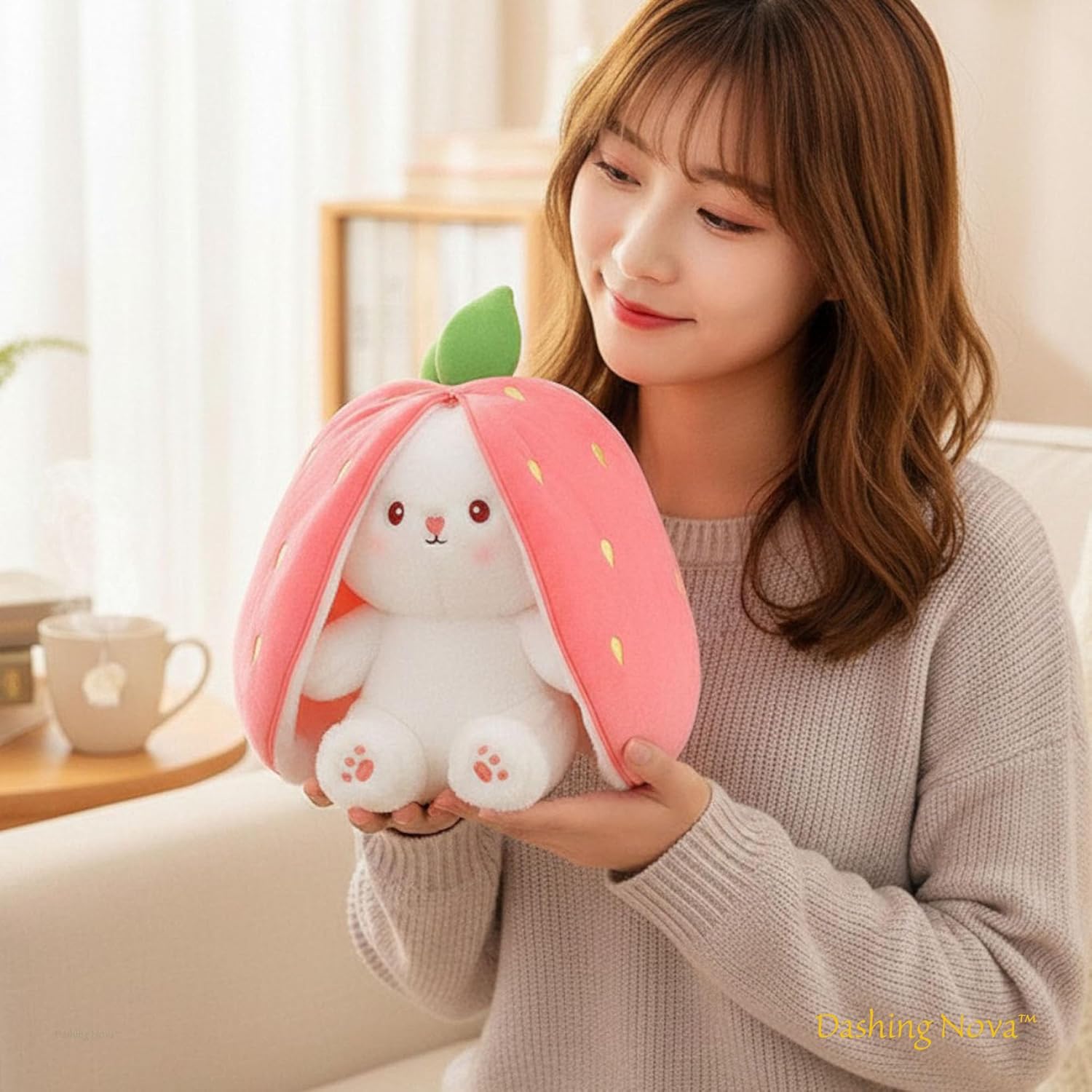 Strawberry Bunny Plush Toy Transformable Rabbit Stuffed Animal Pink 13.7 Inch Soft Plush Gift Girlfriend Girls Kids - Image 6