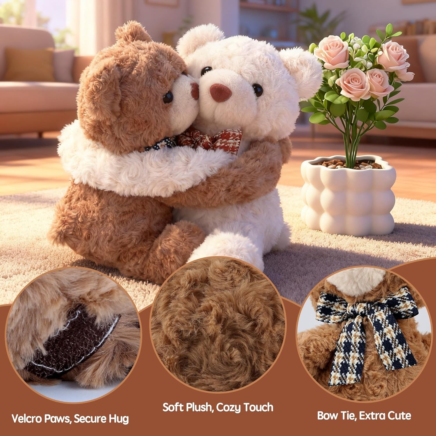 Hugging Teddy Bears, Two Hugging Teddy Bears Stuffed Animals for Couple Girlfriend Girls Kids with Paw Hook and Loop, Soft Plush Toys Companion Gifts for Valentines Birthday Christmas Room Home Decor - Image 3