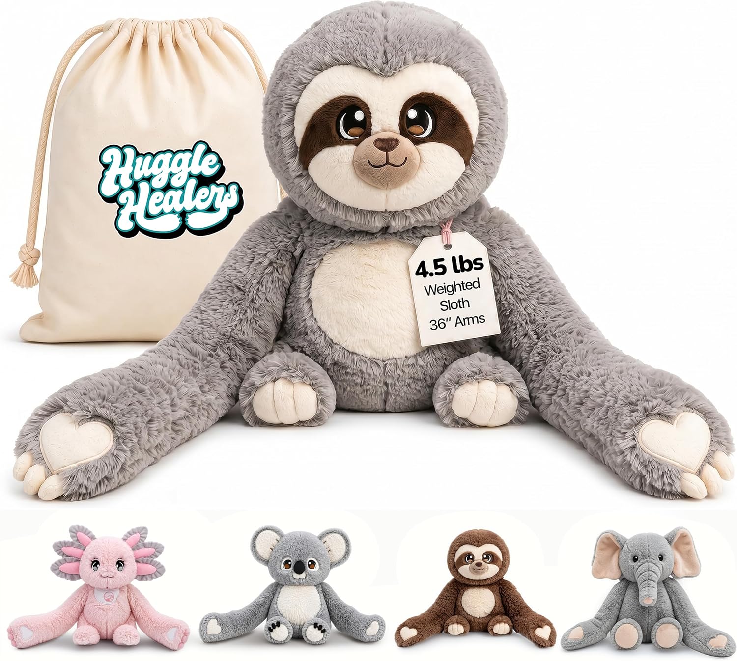 Huggle Healers Weighted Stuffed Animals for Adults, Teens and Kids - 36 Inch Long Plush Arms for Hugs - 4.5lb Sloth Stuffed Animal Plushies - Marshmallow Sloth