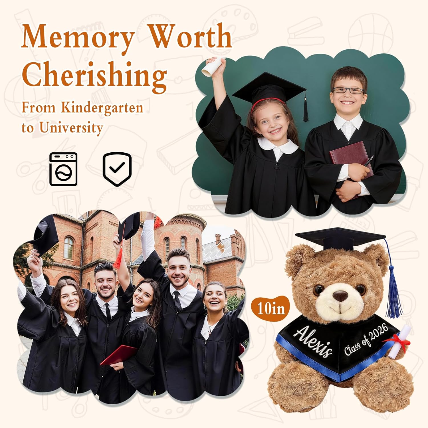 OELTTG 10'' Personalized Graduation Teddy Bear Gifts 2026 - Custom Name & Text, Graduation Gift for Her/Him, Kindergarten, High School & College Graduation Plush Bear with Cap & Diploma - Image 6