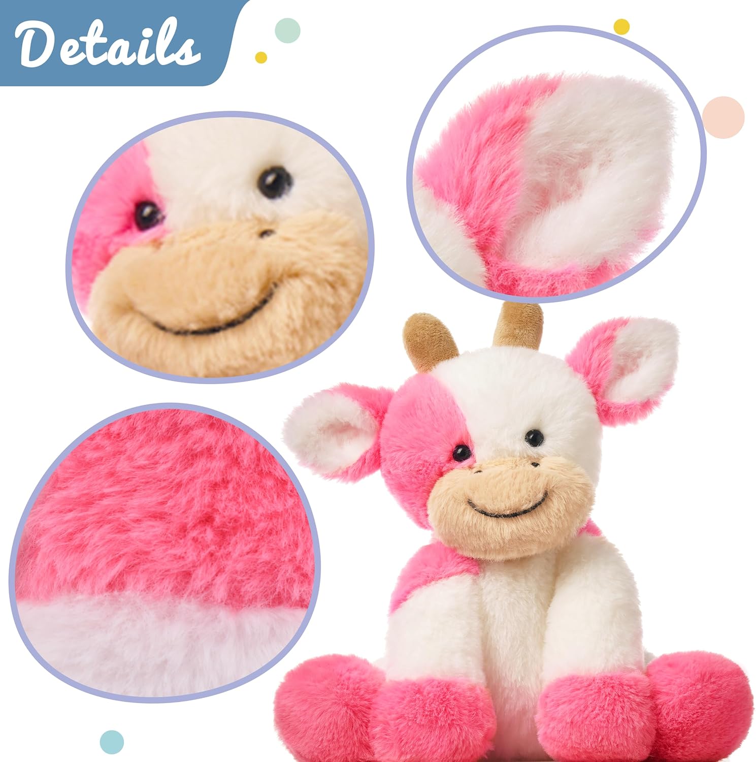 Hopearl Adorable Plush Cow Toy Floppy Dairy Cattle Soft Stuffed Animal Cute Birthday Gifts for Boys Girls Kids Toddlers, Strawberry Pink, 9'' - Image 7