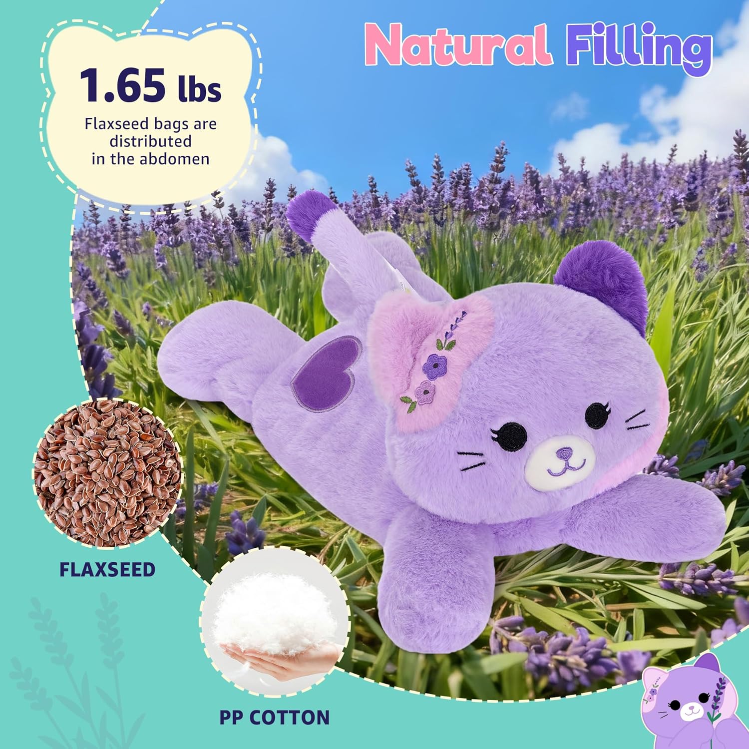 Onsoyours Original Heatable & Weighted Cat Stuffed Animals, Microwavable Purple Lavender Scented Kitten Plushie for Warmth & Comfort - Cute Plush Toys for Kids and Adults - Image 3