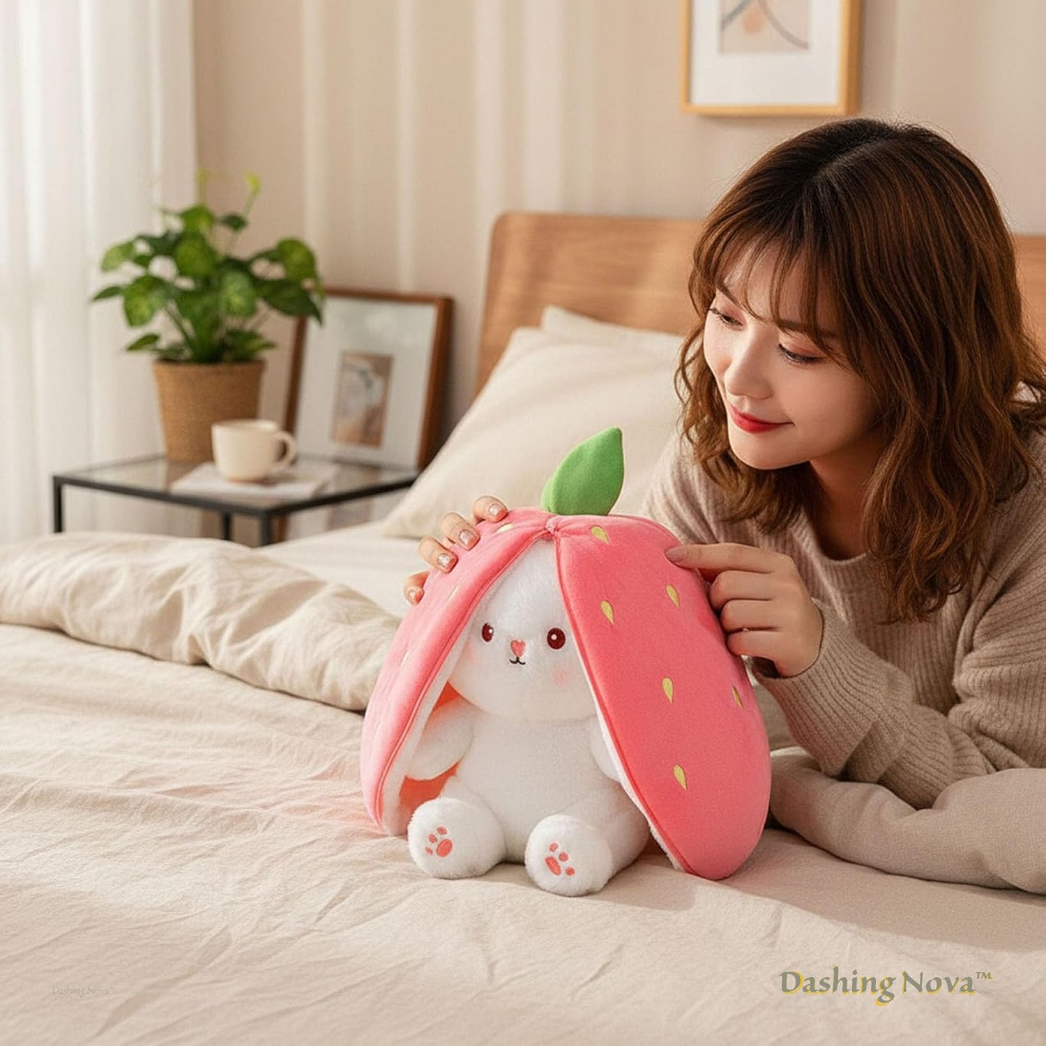 Strawberry Bunny Plush Toy Transformable Rabbit Stuffed Animal Pink 13.7 Inch Soft Plush Gift Girlfriend Girls Kids - Image 5