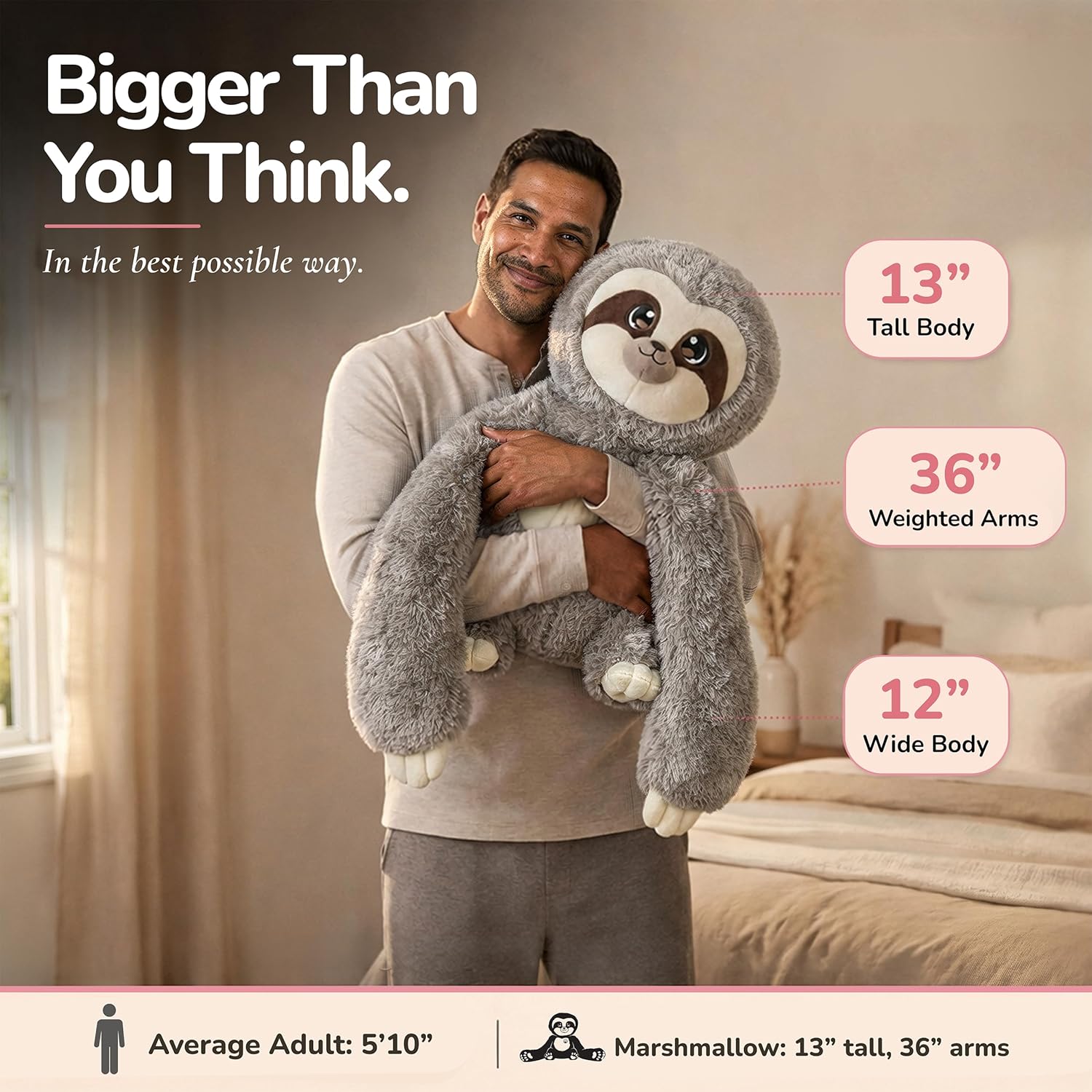 Huggle Healers Weighted Stuffed Animals for Adults, Teens and Kids - 36 Inch Long Plush Arms for Hugs - 4.5lb Sloth Stuffed Animal Plushies - Marshmallow Sloth - Image 4