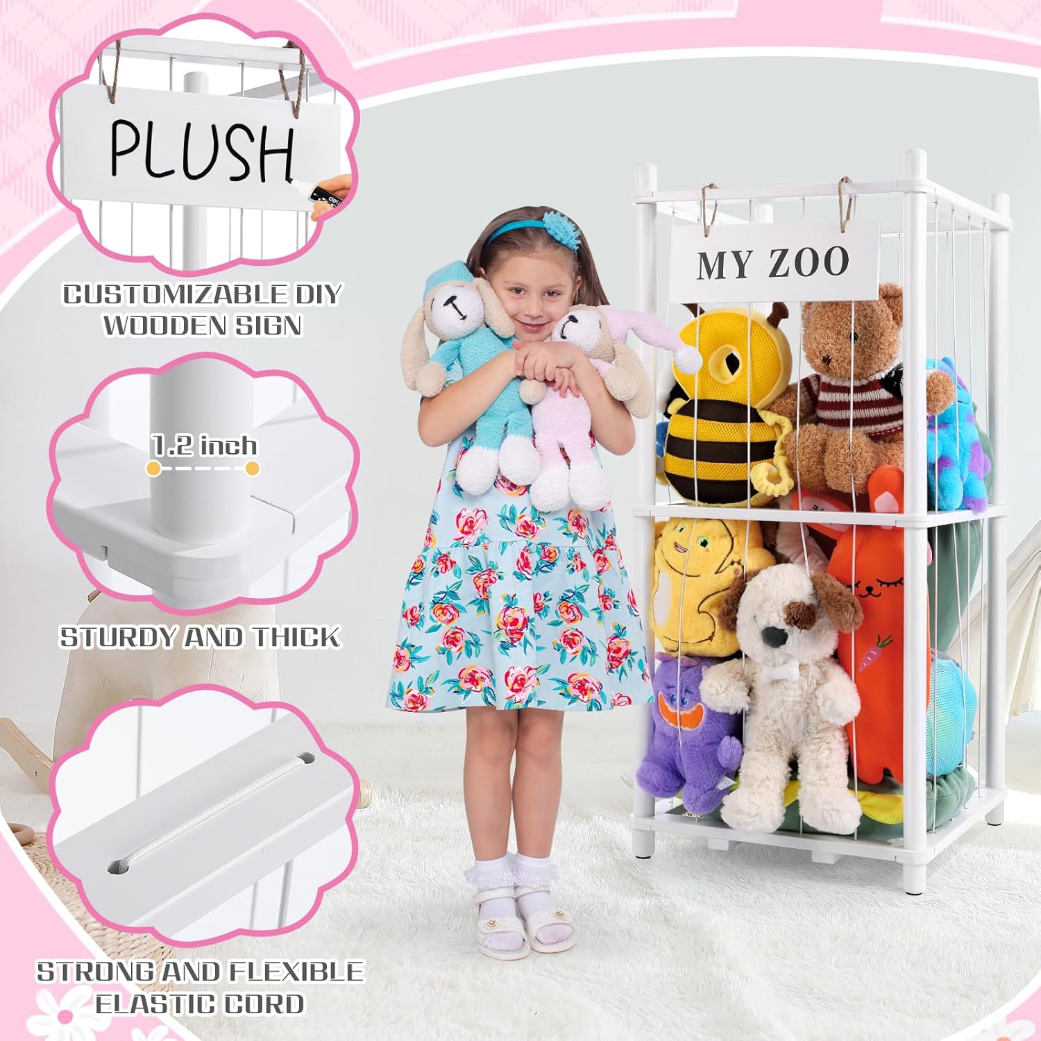 GLDZI Stuffed Animal Storage Zoo, Wooden Stuffed Animal Organizer with Elastic Cords for Boys Girls, Space Saving Toy Plushies Storage Holder for Playroom, Bedroom, Living Room (White, Small) - Image 5