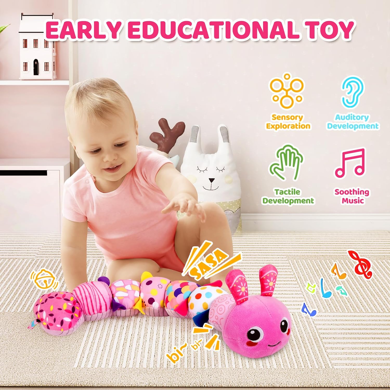 KMUYSL Baby Toys 0-6 6-12 Months, Sensory Music Animal Stuffed Toy for 0 1 2 3 4 5 6+ Months, Plush Toy with Crinkle and Rattles for Infant Newborn, Tummy Time Toys Gifts for 0-3-6-12 Month - Image 7