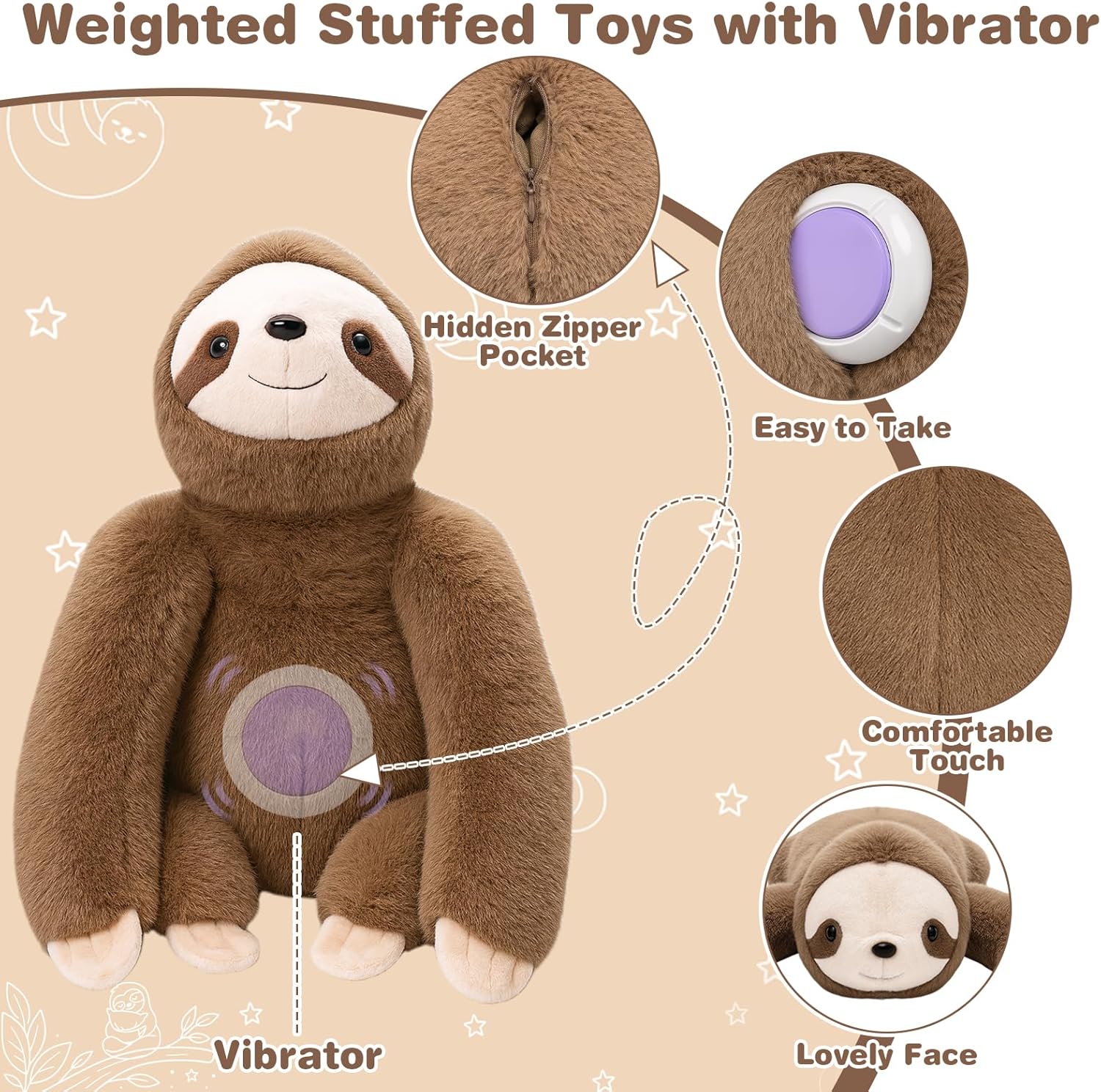 Joyreal Sloth Sensory Weighted Vibrating Pillow, Pressure Activated for Kids Adults, Plush Minky Soft Size: 11 by 21 inches Pillow Animal for Gift Birthday - Image 4