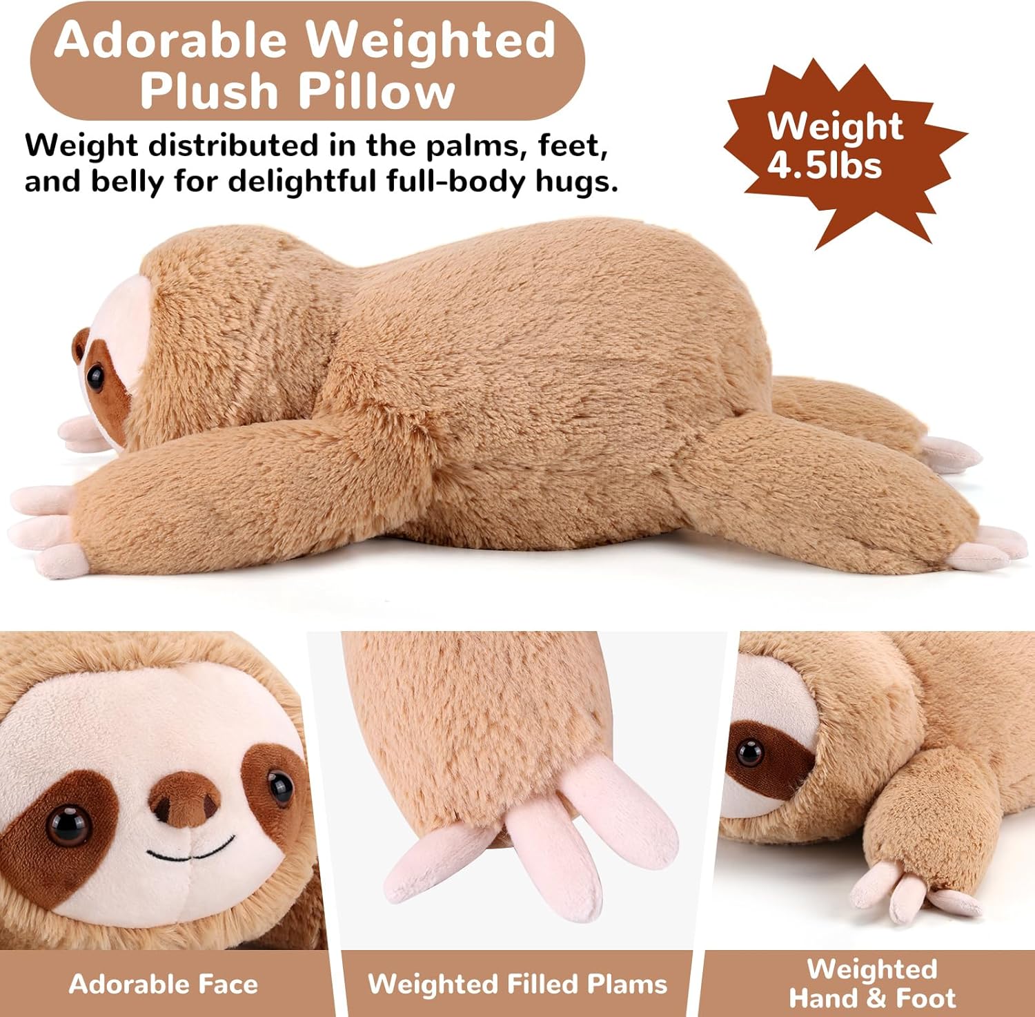 gnomantic Sloth Weighted Stuffed Animals - 22 Inch 4.5 Pounds Weighted Plushies Sloth Stuffed Animals - Big Plush Pillow - Cute Plush Toys Gifts for Kids & Adults (22" 4.5 lbs) - Image 3